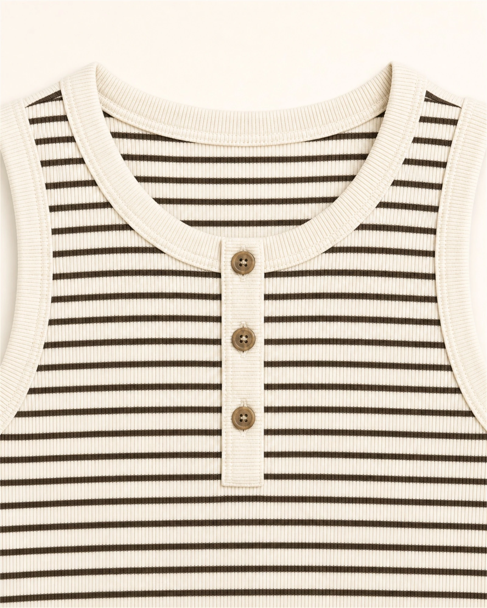 Custom Women’s Striped Button-Placket Tank Top — VTTT-0003 Close-up of striped Odell rib fabric, neckline binding and buttons
