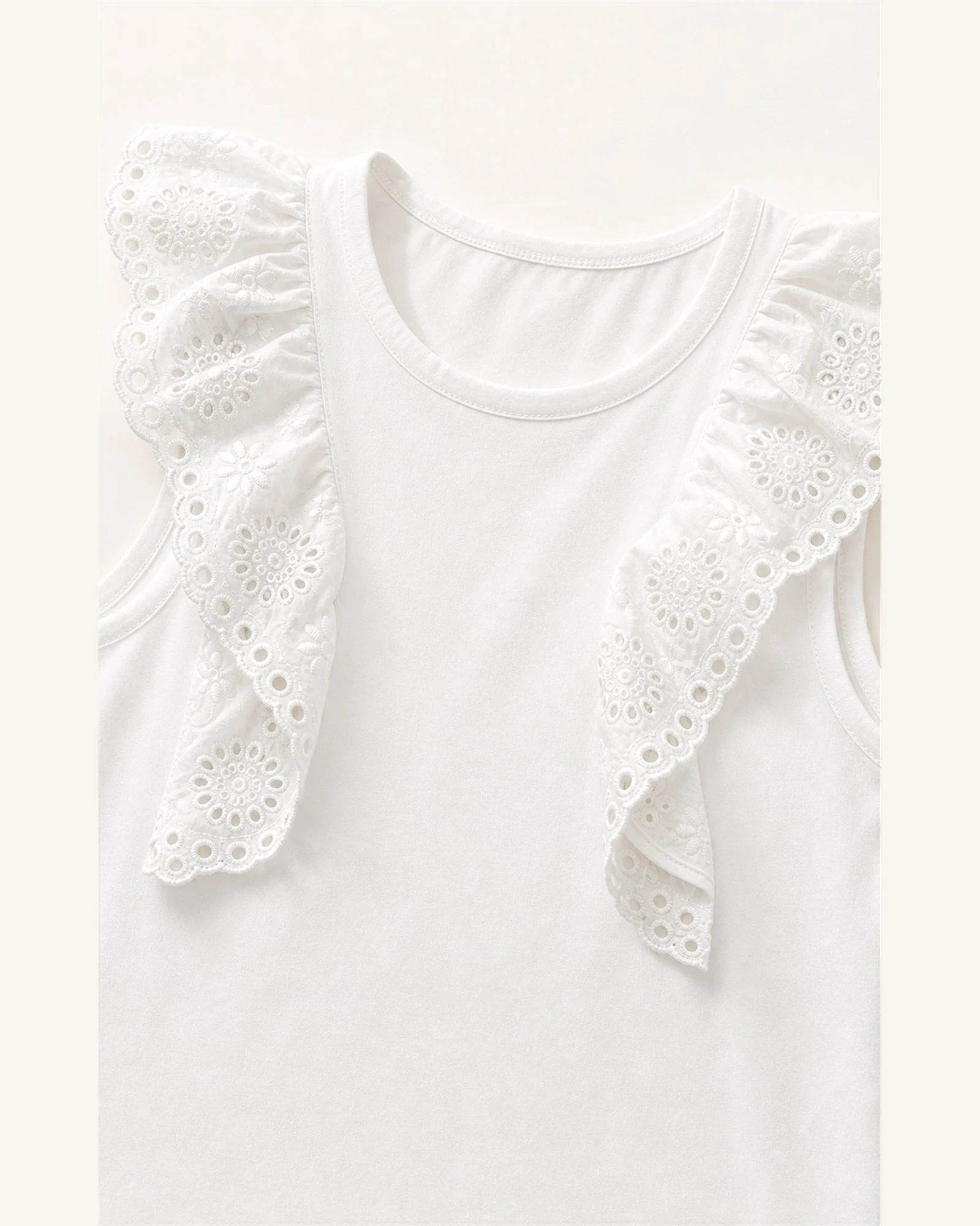Custom Women’s Eyelet Ruffle-Shoulder Tank Top — VTTT-0006 Close-up of embroidered eyelet ruffles at the shoulder of VTTT-0006