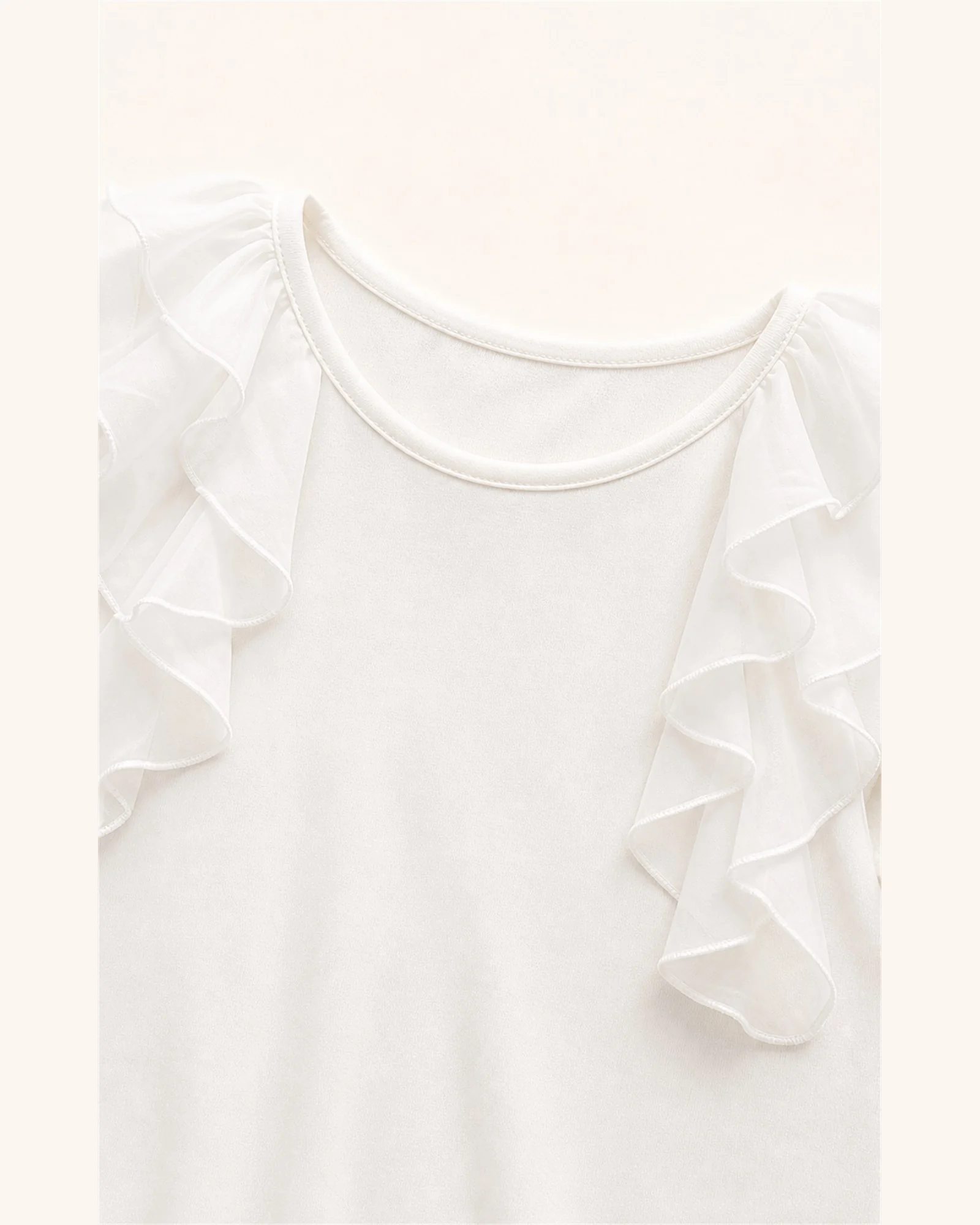 Custom Women’s Layered Ruffle-Sleeve Tank Top — VTTS-0005 Close-up of layered sheer ruffles at the shoulder of VTTS-0005