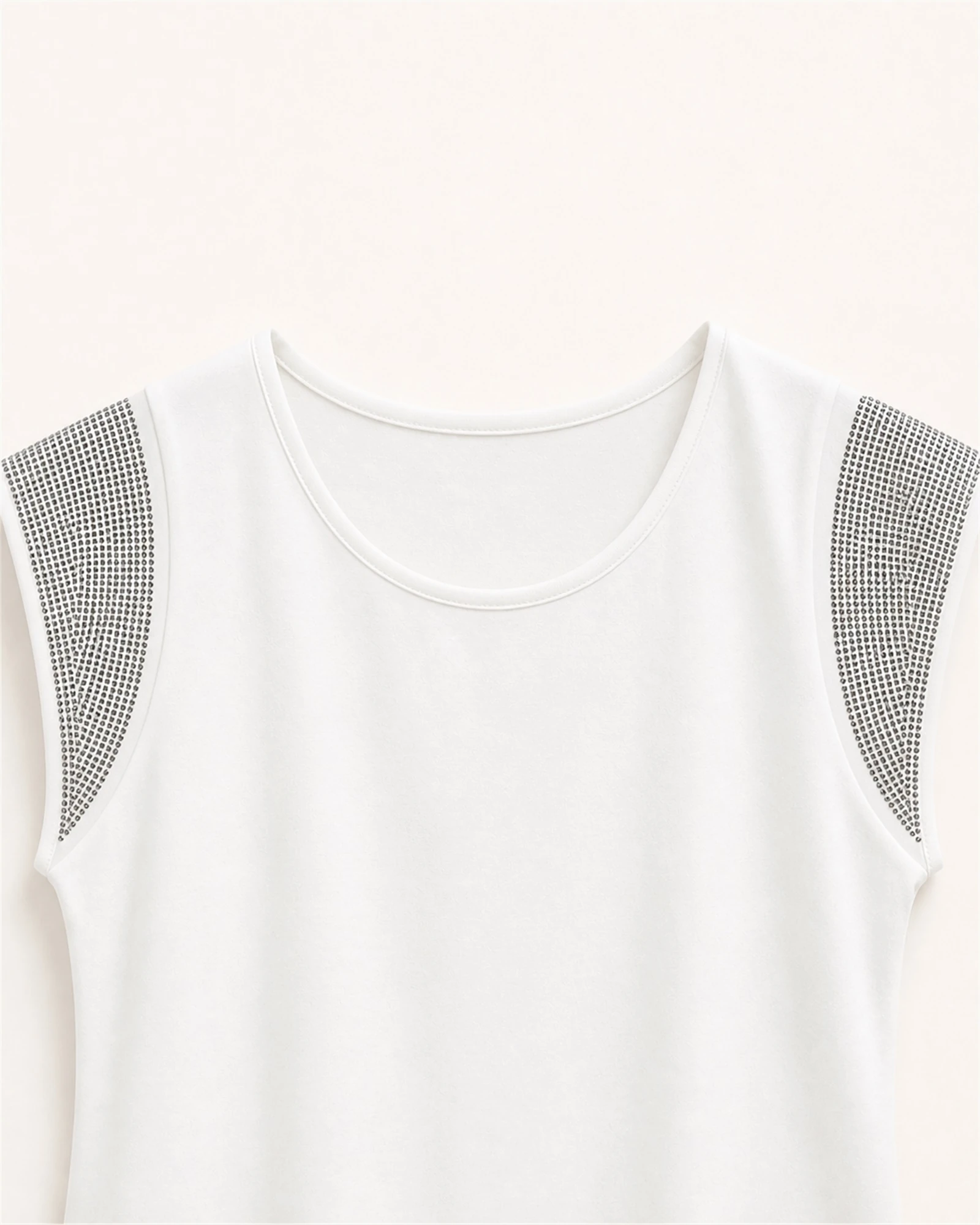 Custom Women’s Rhinestone Shoulder Cap-Sleeve T-Shirt — VTTS-0022 Close-up of rhinestone-covered shoulder panels on VTTS-0022