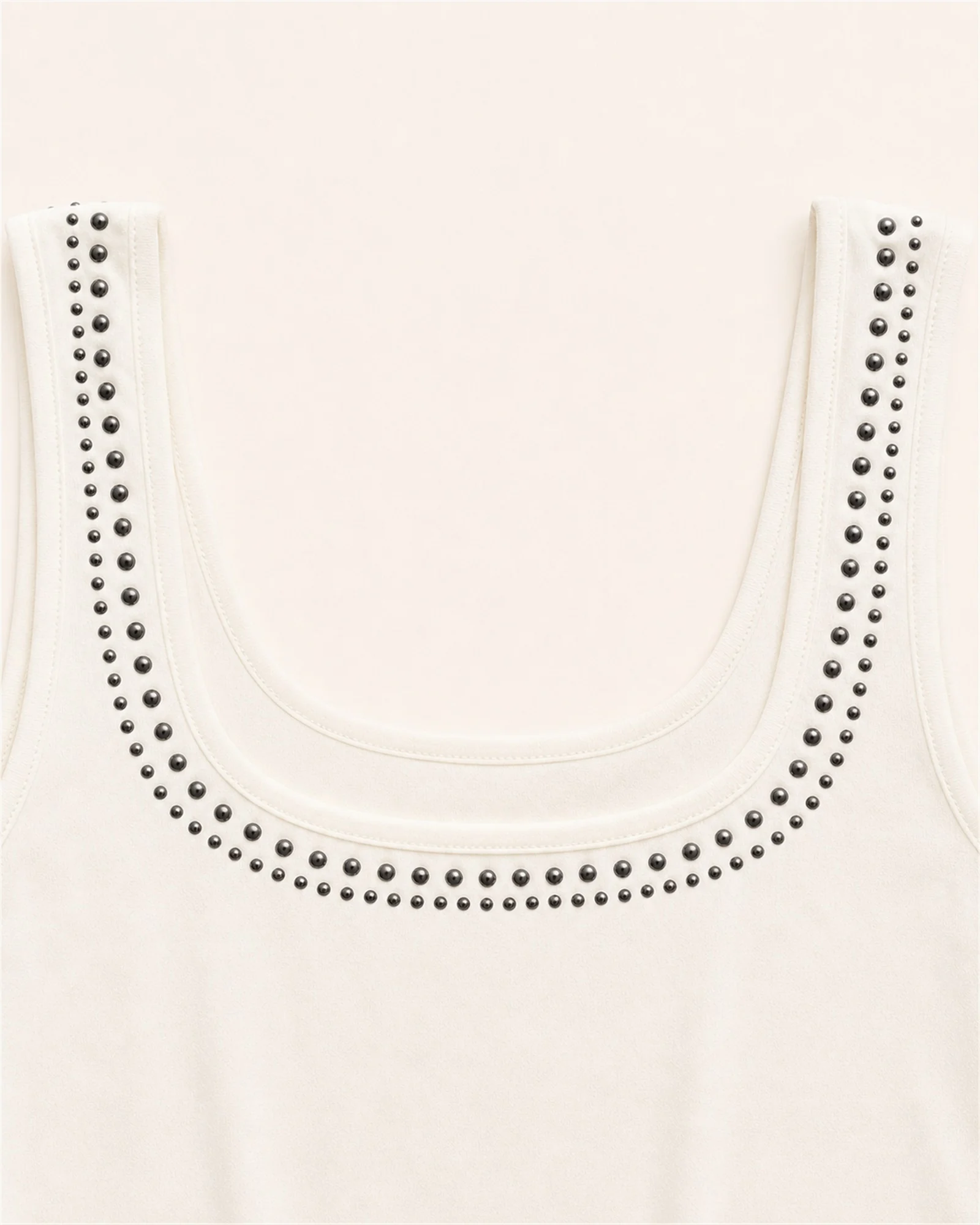 Custom Women’s Studded Scoop-Neck Tank Top — VTTT-0002 Close-up of silver studs along the scoop neckline and shoulder strap