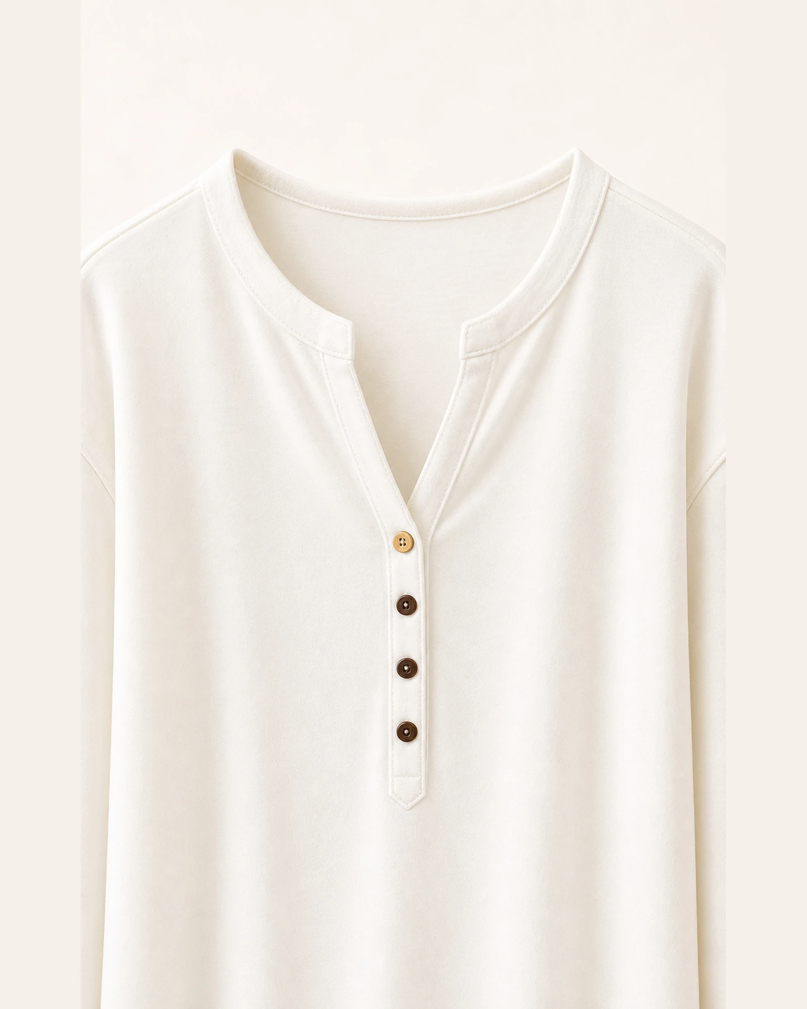 Custom Women’s Split-Neck Button-Placket Long-Sleeve Top — VTLS-0001 Close-up of split neckline and four-button placket on VTLS-0001 top
