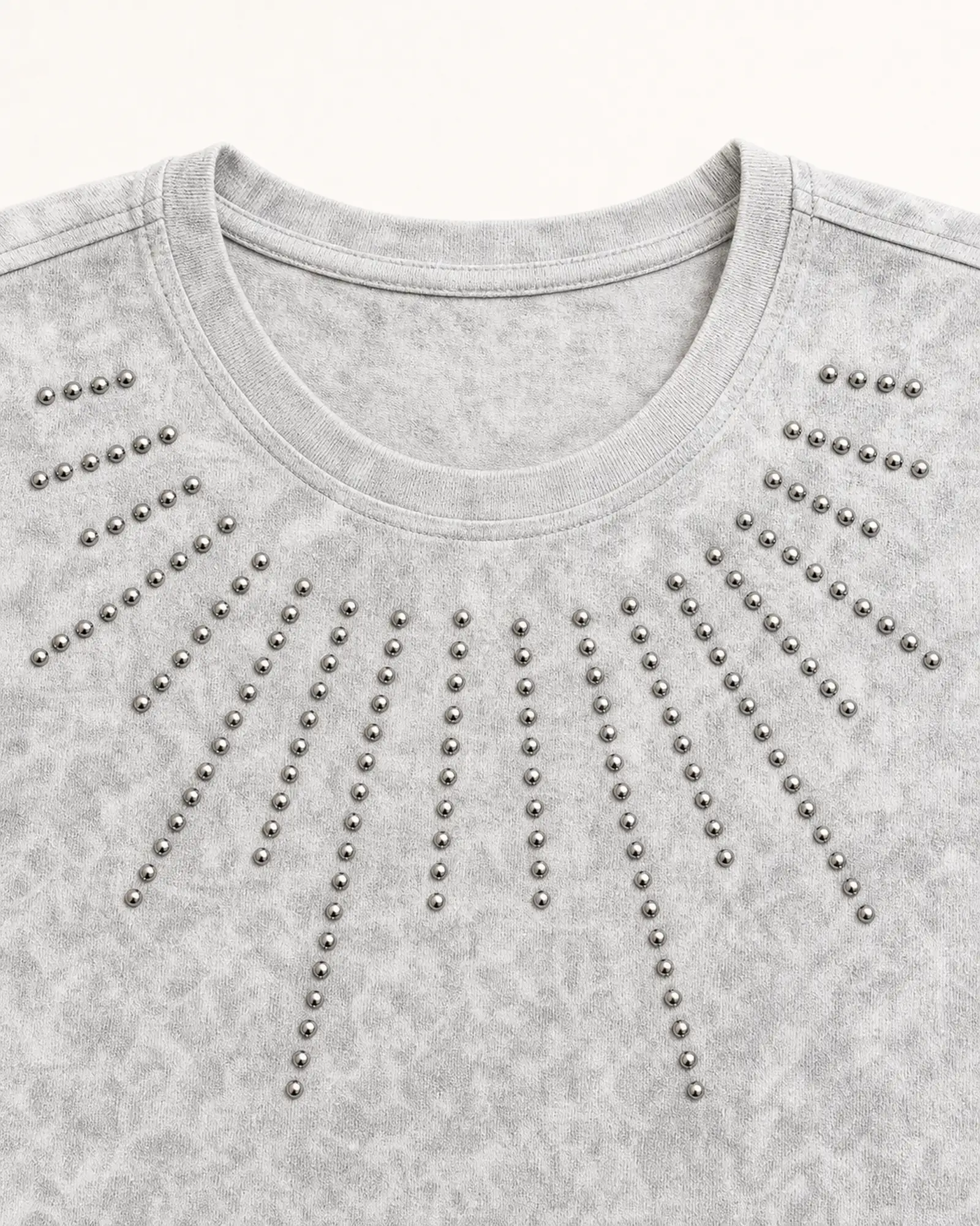 Custom Women’s Studded 1×1 Rib Crew Neck T-Shirt — VTTS-0001 Close-up of rib fabric and studded neckline construction