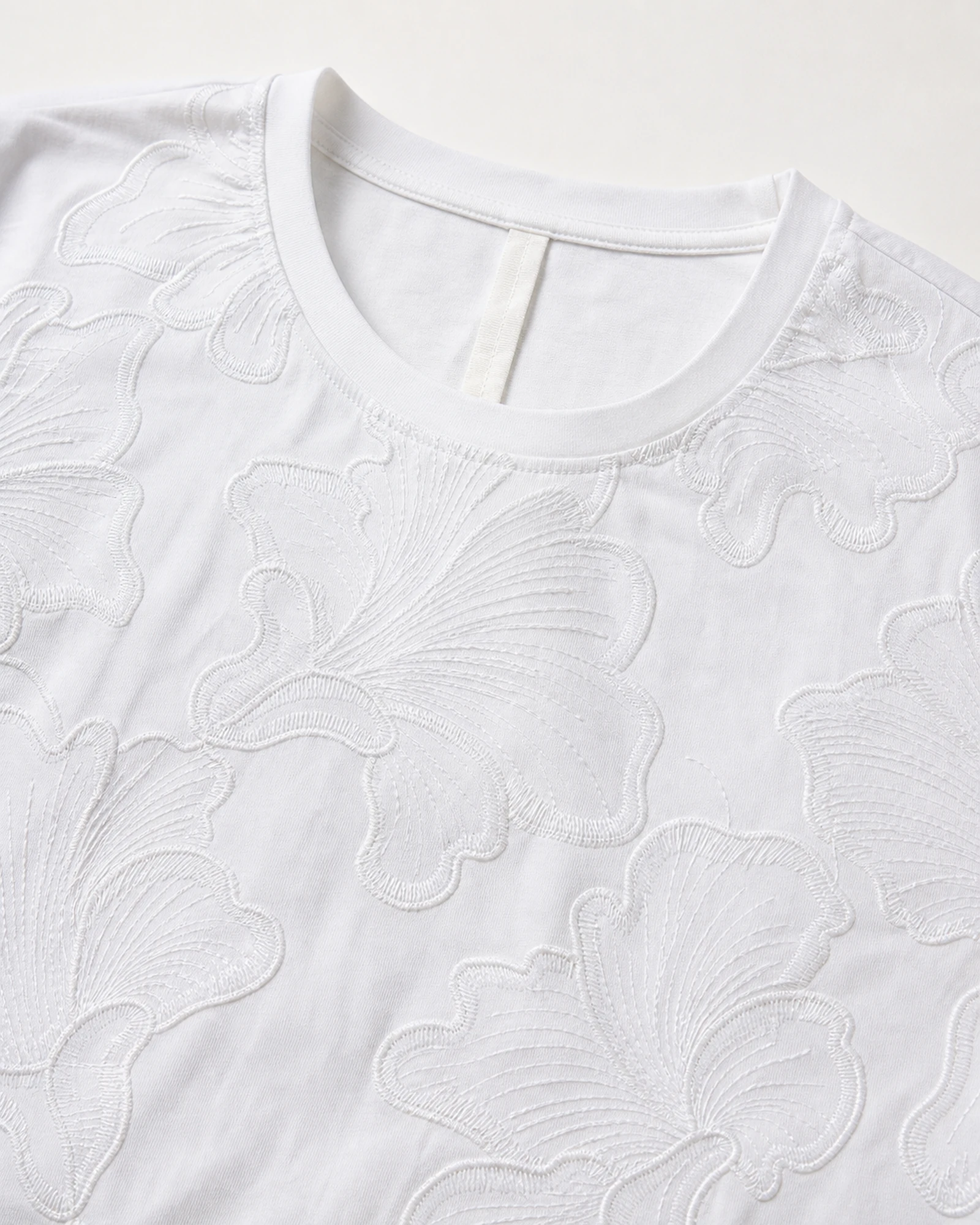 Close-up of VTTS-0002 tonal floral embroidery and neckline