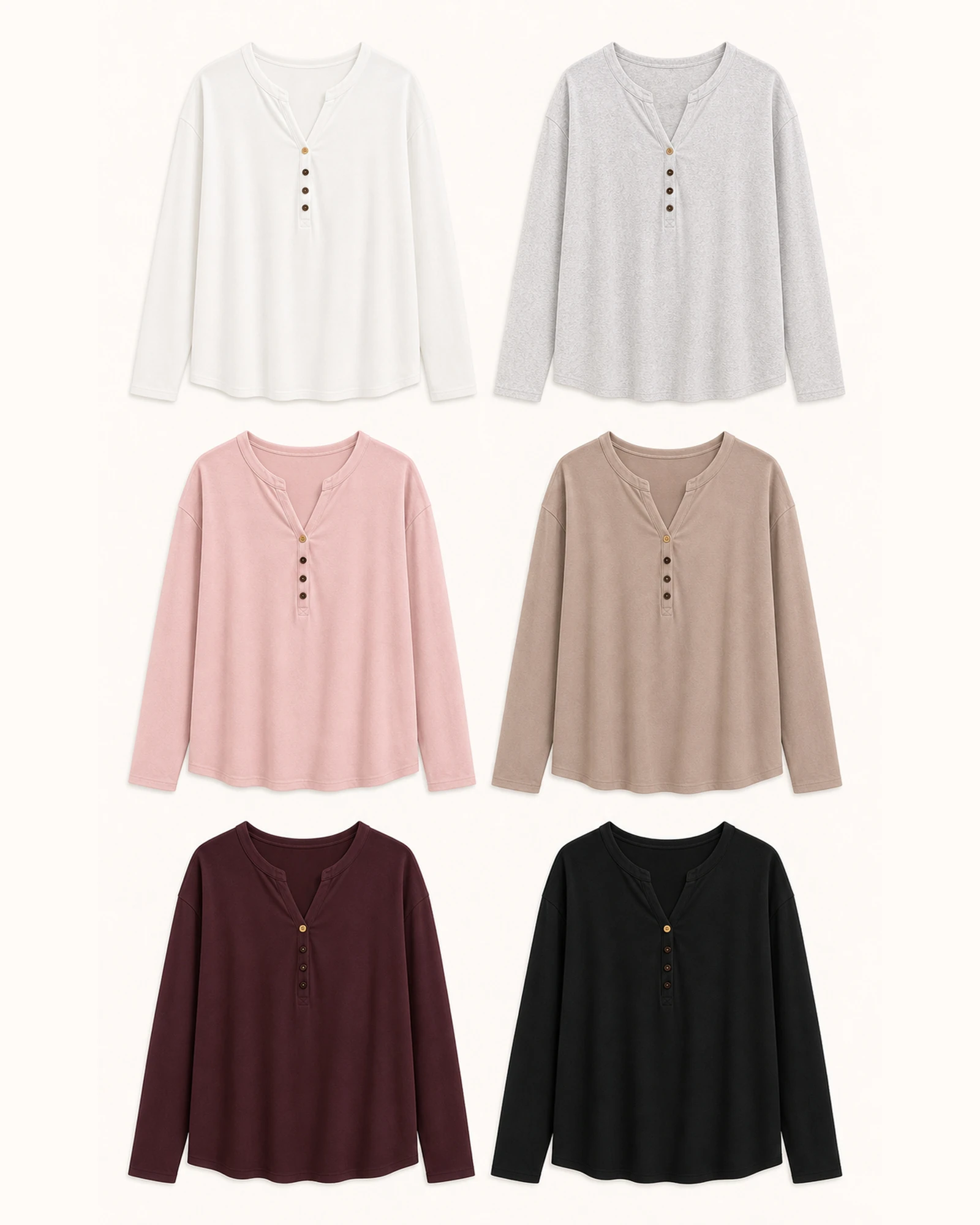 Custom Women’s Split-Neck Button-Placket Long-Sleeve Top — VTLS-0001 VTLS-0001 long-sleeve top in ivory, heather grey, pink, taupe, burgundy and black