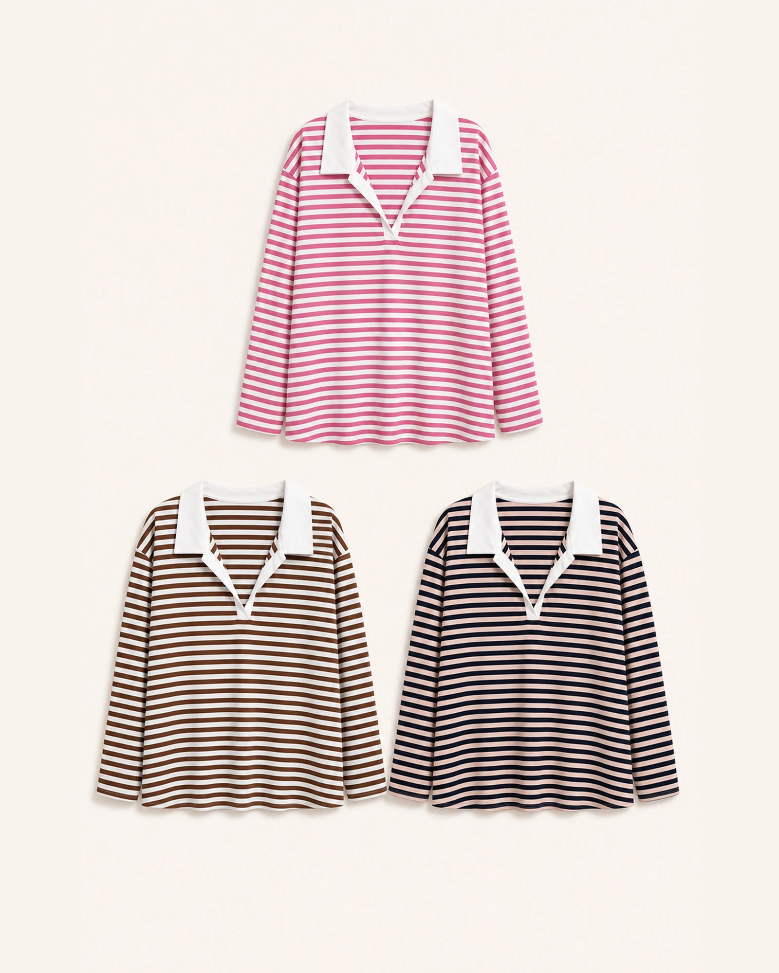 VTLS-0002 striped long-sleeve top in pink and white, brown and white, and navy and pale pink