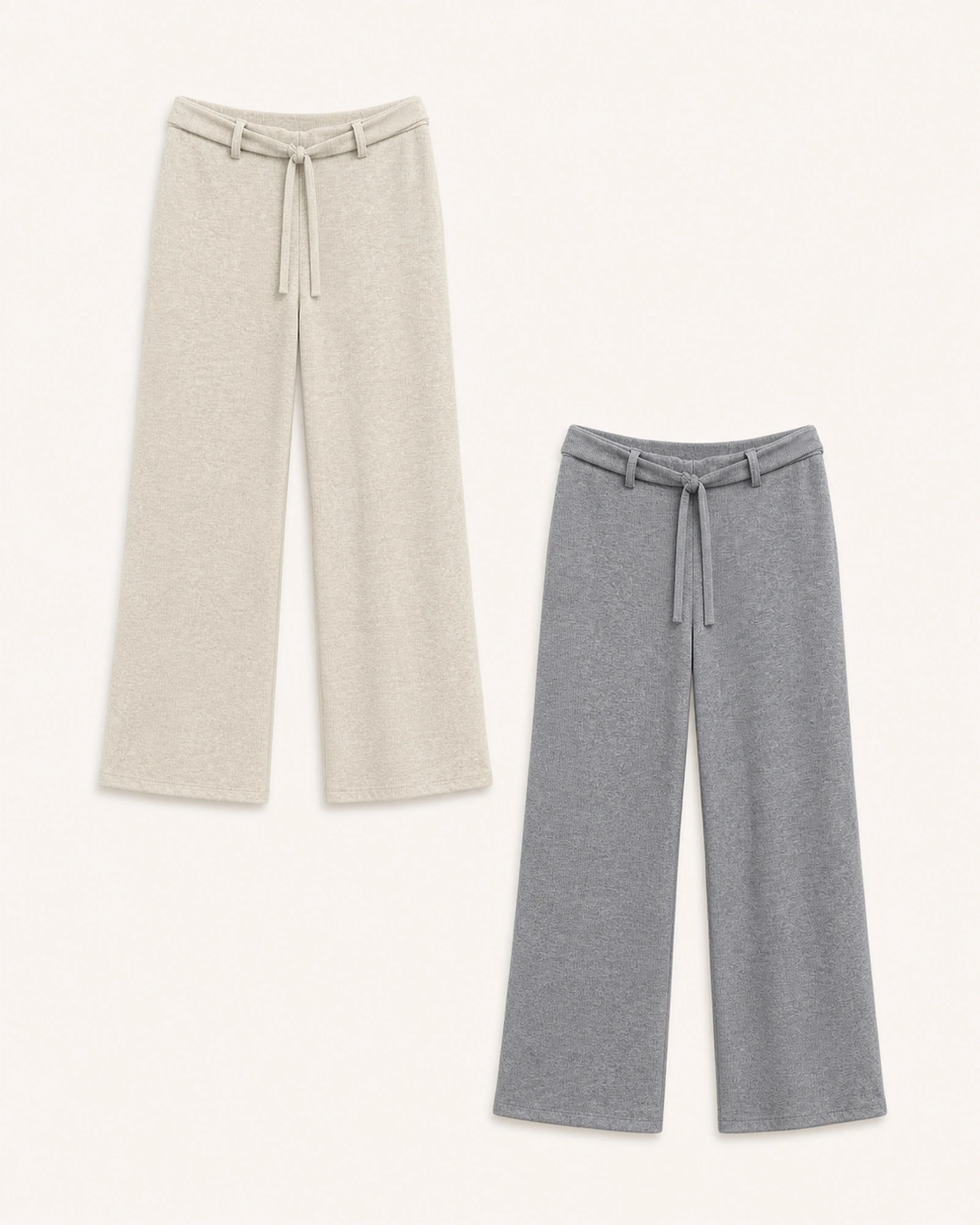 VTP-0001 belted wide-leg knit pants in ivory and grey
