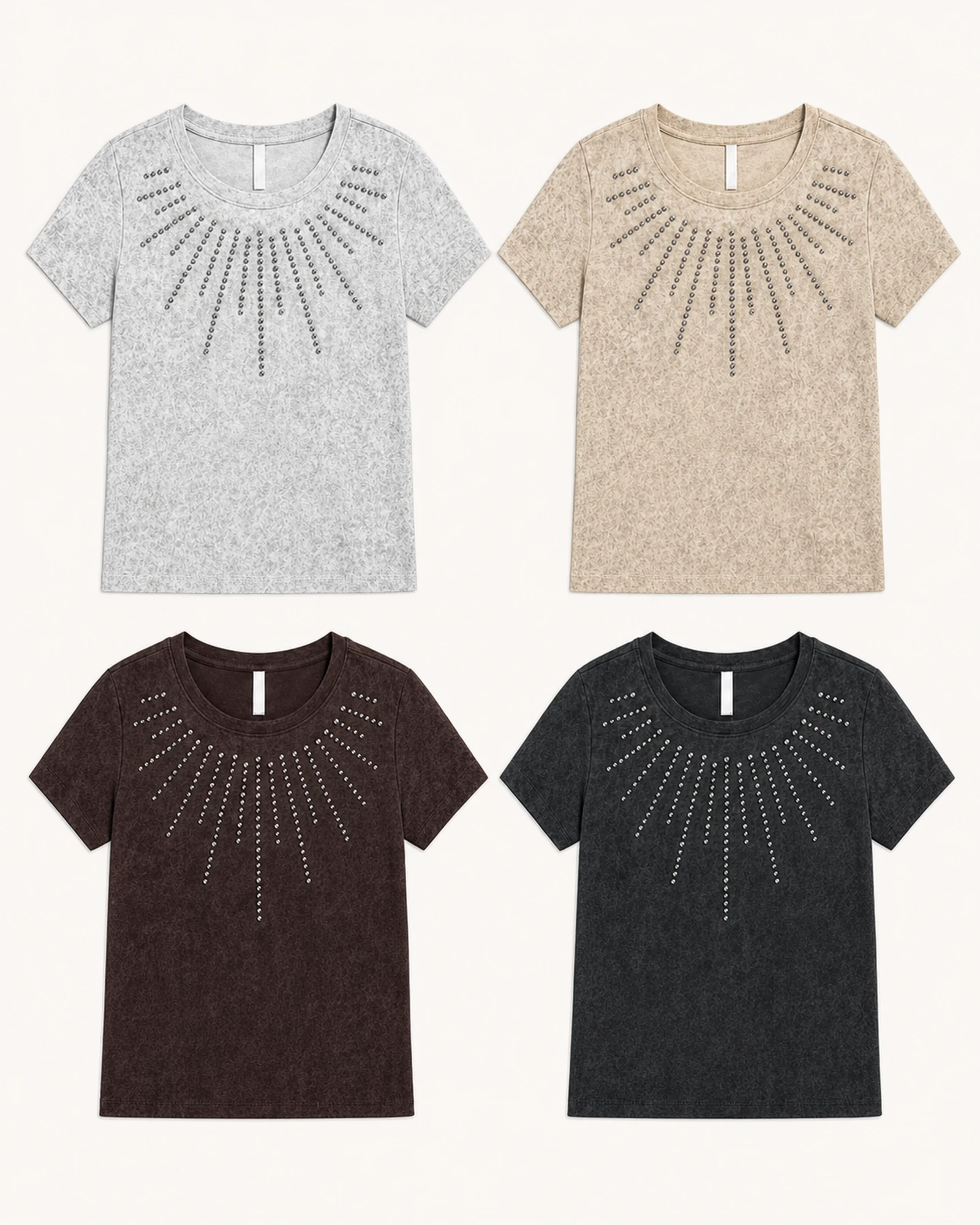 Custom Women’s Studded 1×1 Rib Crew Neck T-Shirt — VTTS-0001 VTTS-0001 women’s T-shirt in grey, beige, brown and black