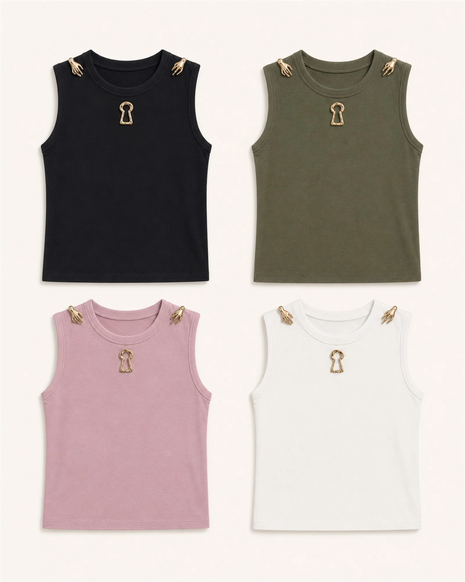 VTTT-0004 tank top in black, olive green, pink and white