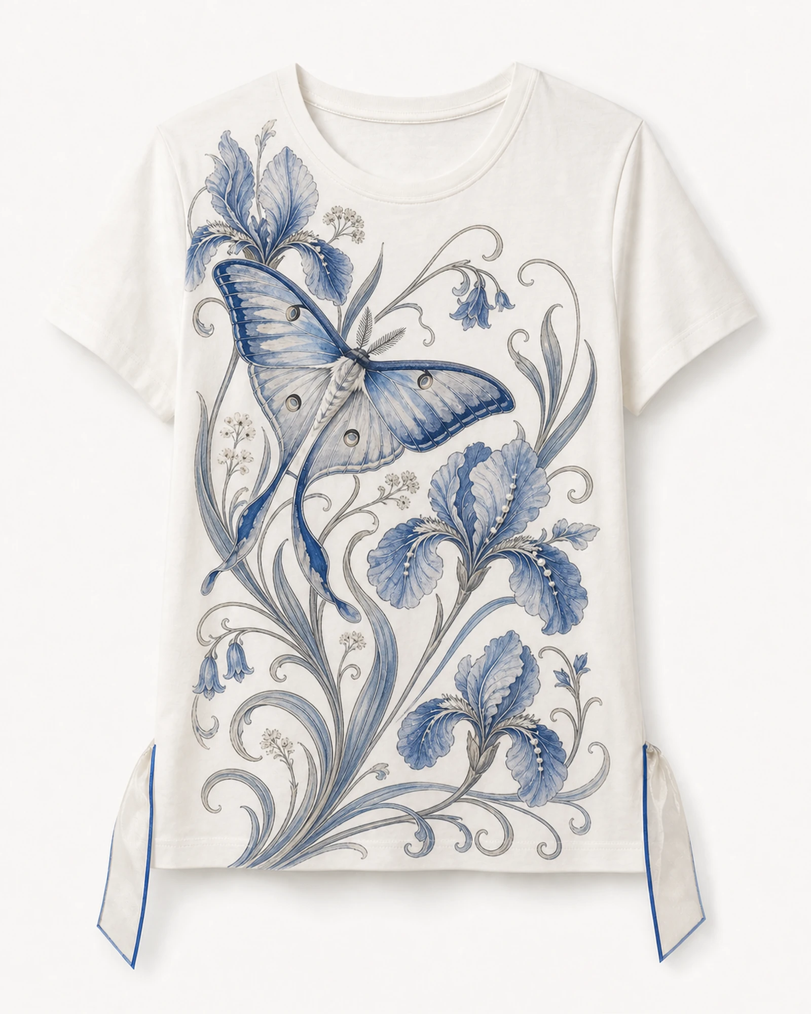 Custom Women’s Apparel Products Ivory Women’s Butterfly & Iris Side-Tie T-Shirt flat product view