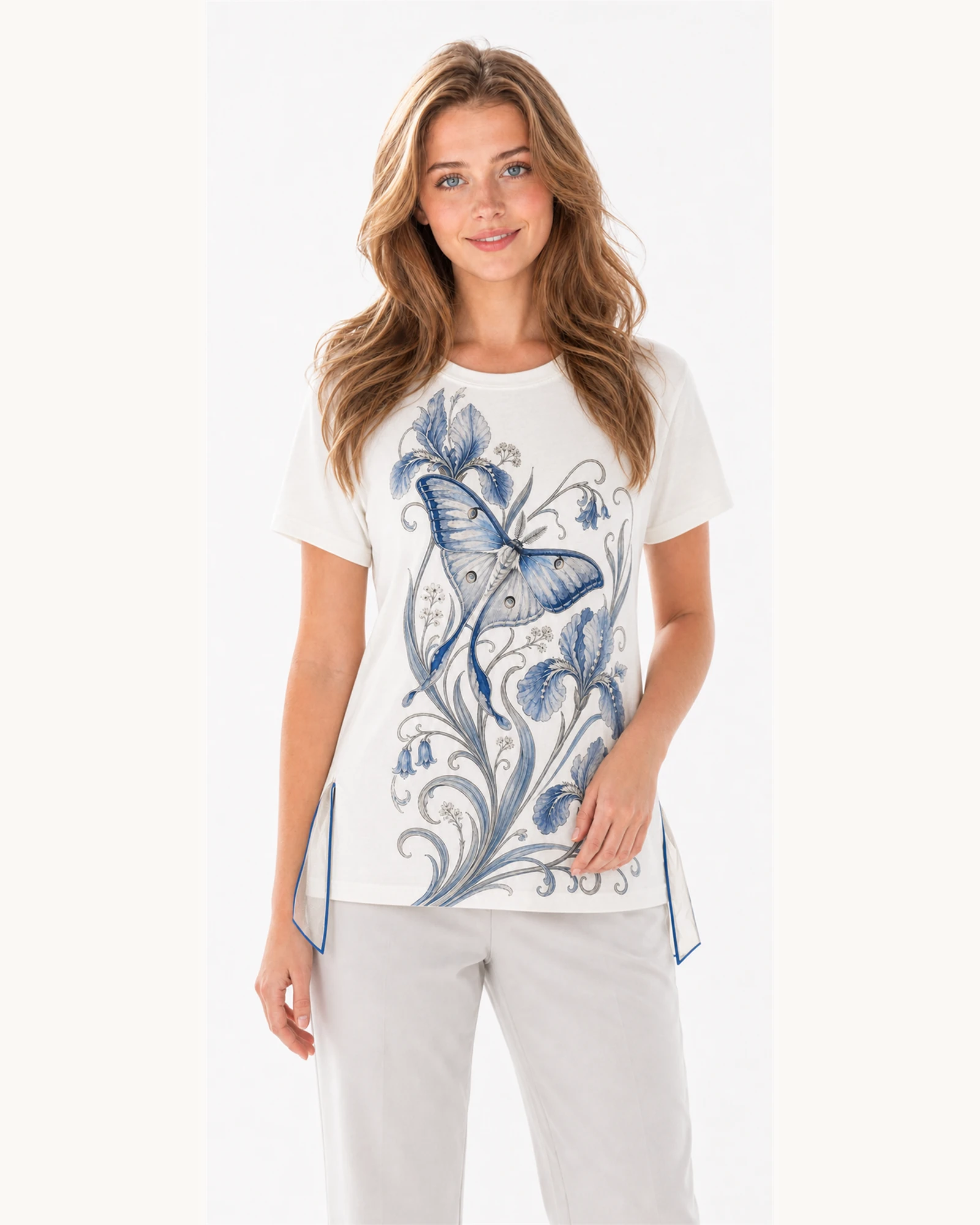 Model wearing VTTS-0006 ivory butterfly side-tie t-shirt, close view