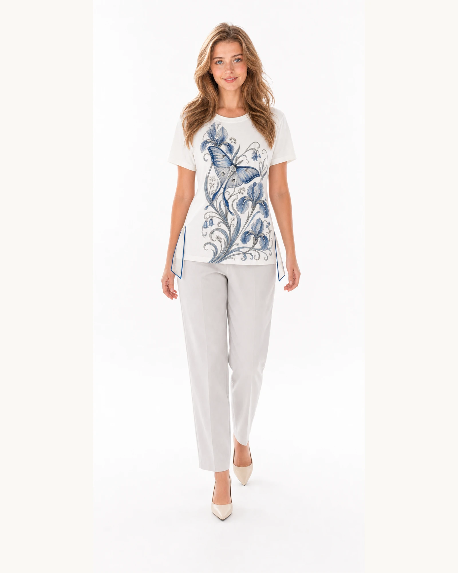 Full-body model wearing VTTS-0006 ivory butterfly side-tie t-shirt