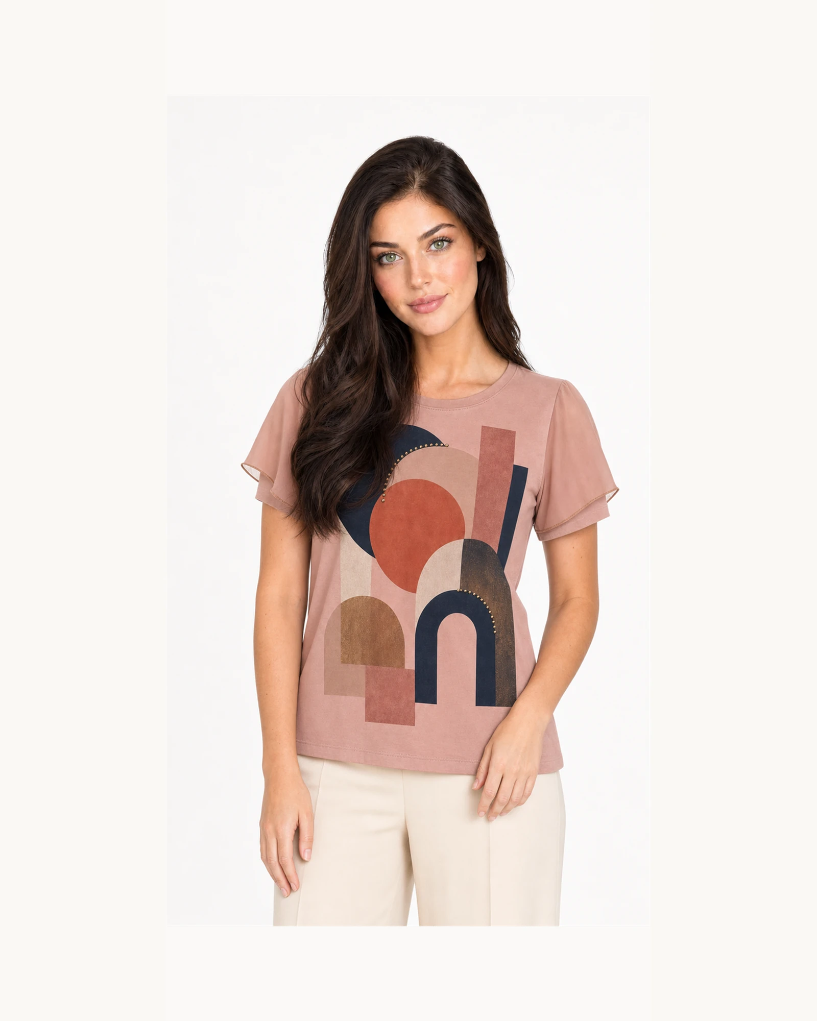Custom Women’s Abstract Geometric Graphic T-Shirt — VTTS-0007 Model wearing VTTS-0007 dusty rose abstract geometric t-shirt, close view
