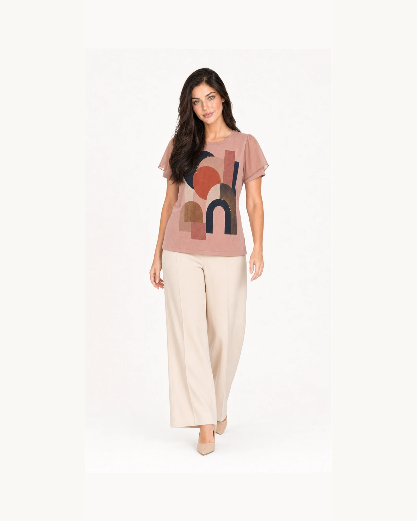 Custom Women’s Abstract Geometric Graphic T-Shirt — VTTS-0007 Full-body model wearing VTTS-0007 dusty rose abstract geometric t-shirt