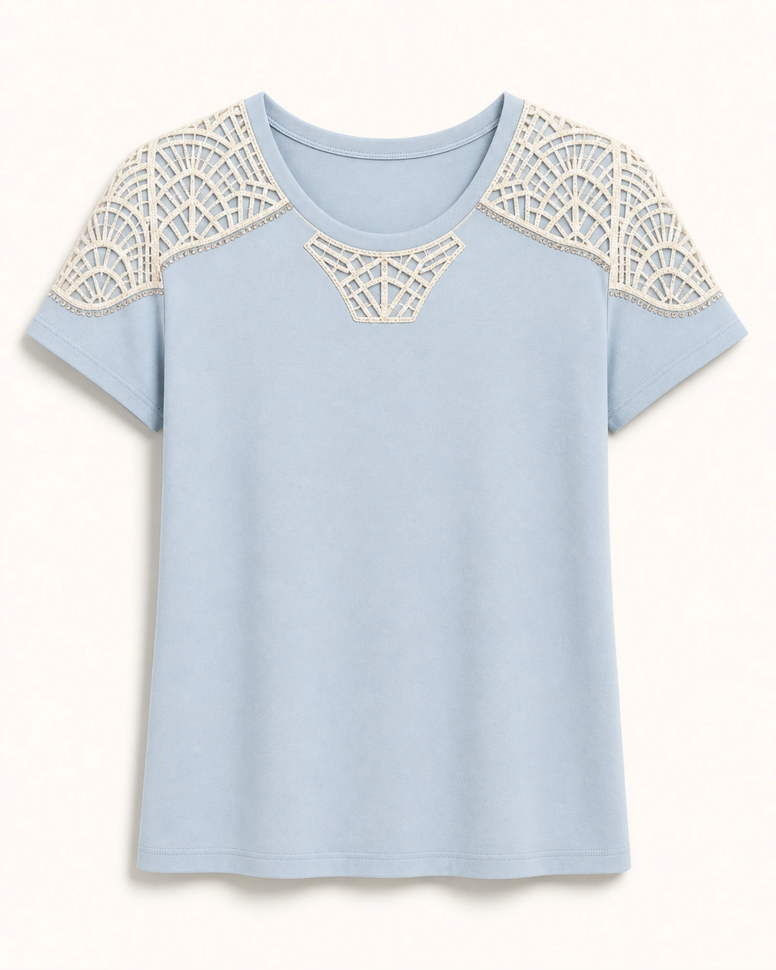 Custom Women’s Apparel Products Powder blue Women’s Crochet Lace Yoke T-Shirt flat product view