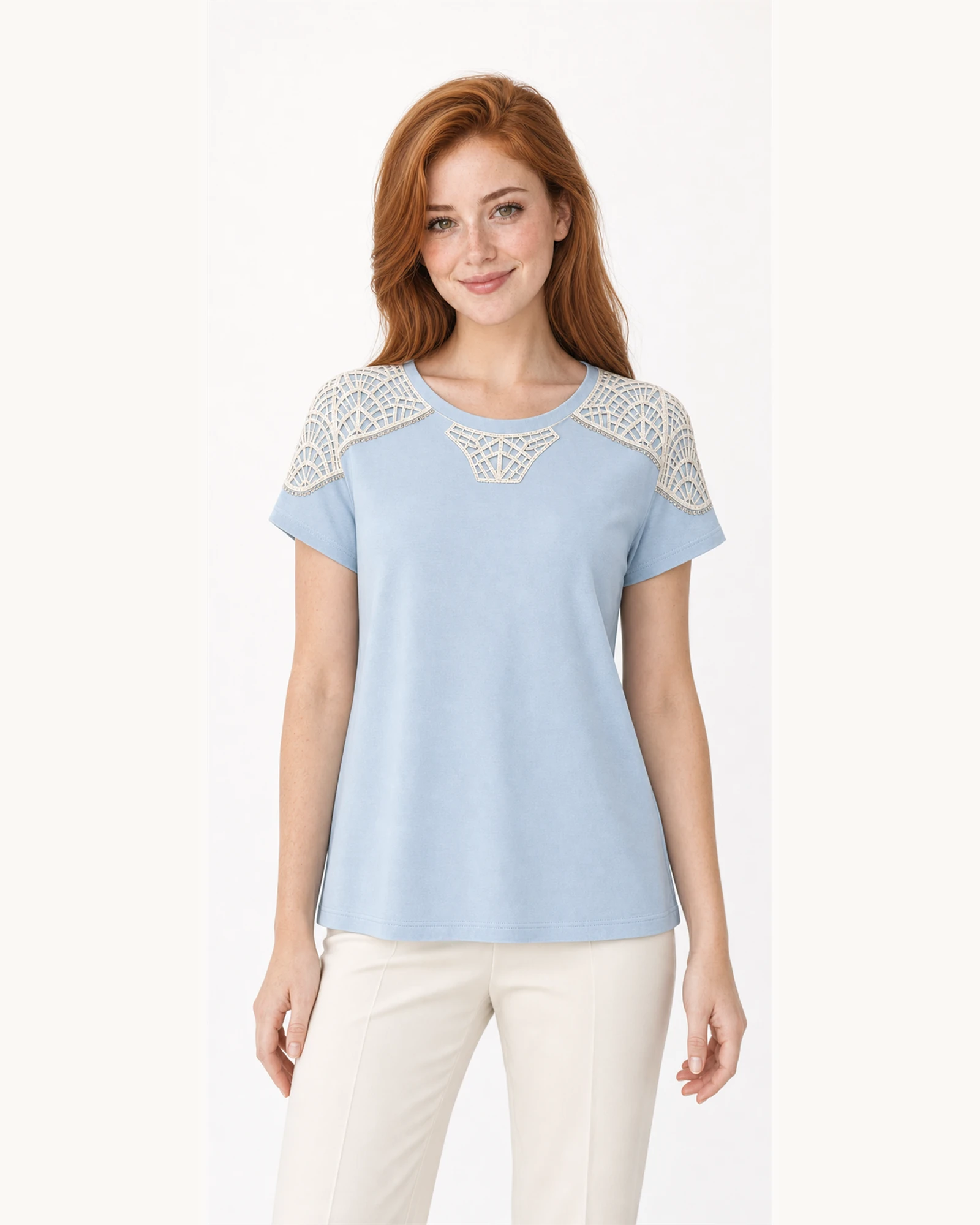 Custom Women’s Crochet Lace Yoke T-Shirt — VTTS-0008 Model wearing VTTS-0008 powder blue crochet lace yoke t-shirt, close view