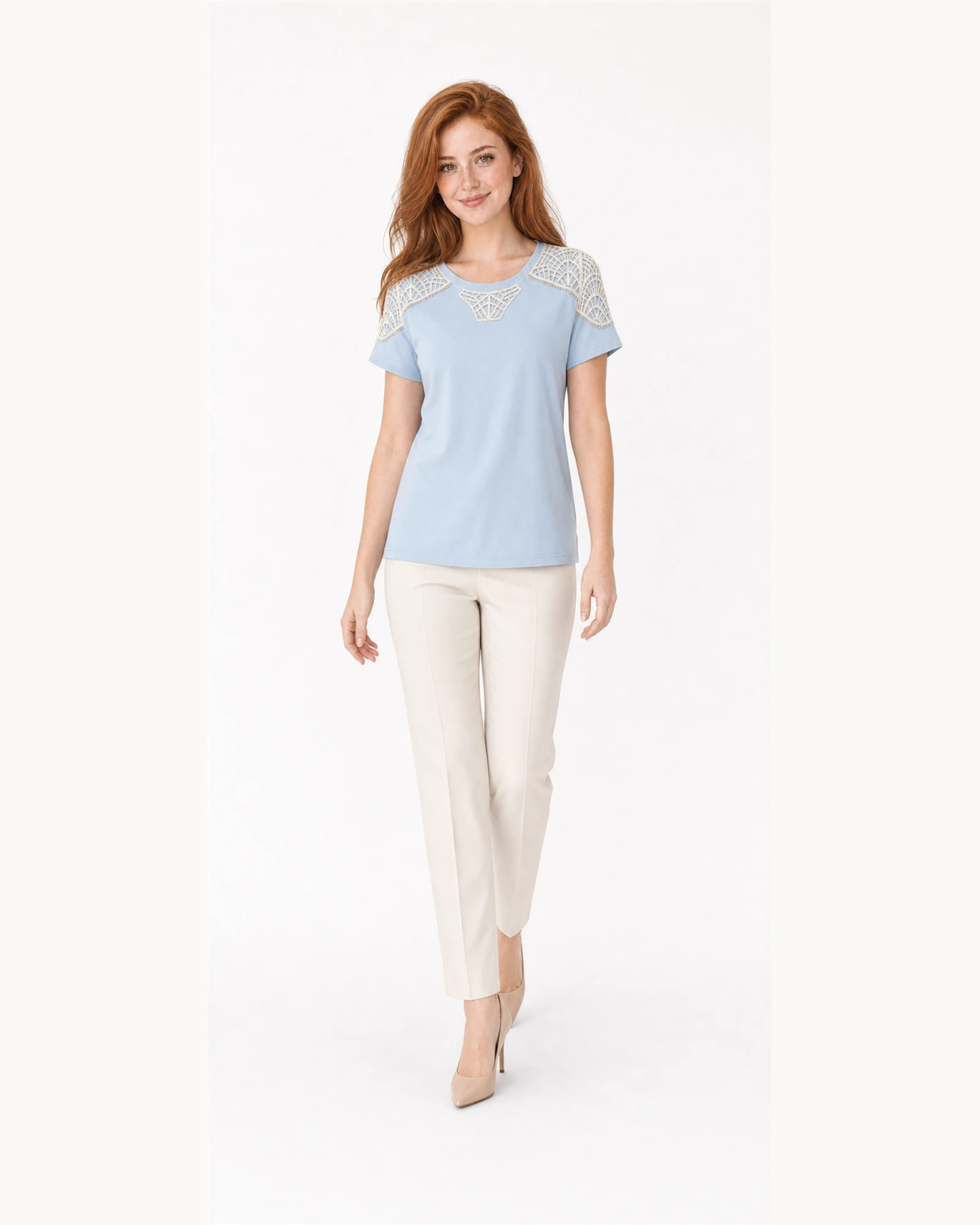 Custom Women’s Crochet Lace Yoke T-Shirt — VTTS-0008 Full-body model wearing VTTS-0008 powder blue crochet lace yoke t-shirt