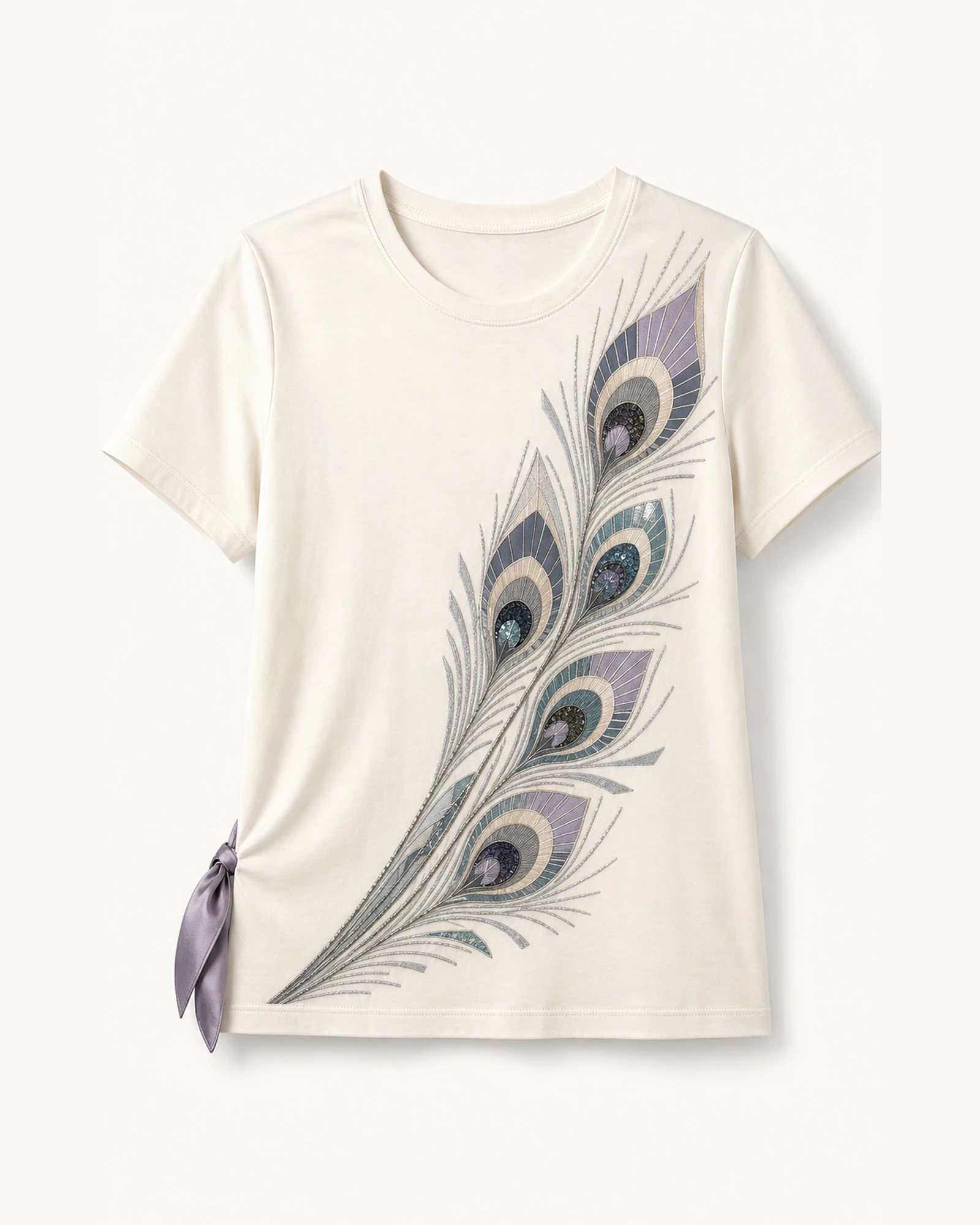 Custom Women’s Apparel Products Ivory Women’s Peacock Feather Side-Tie T-Shirt flat product view