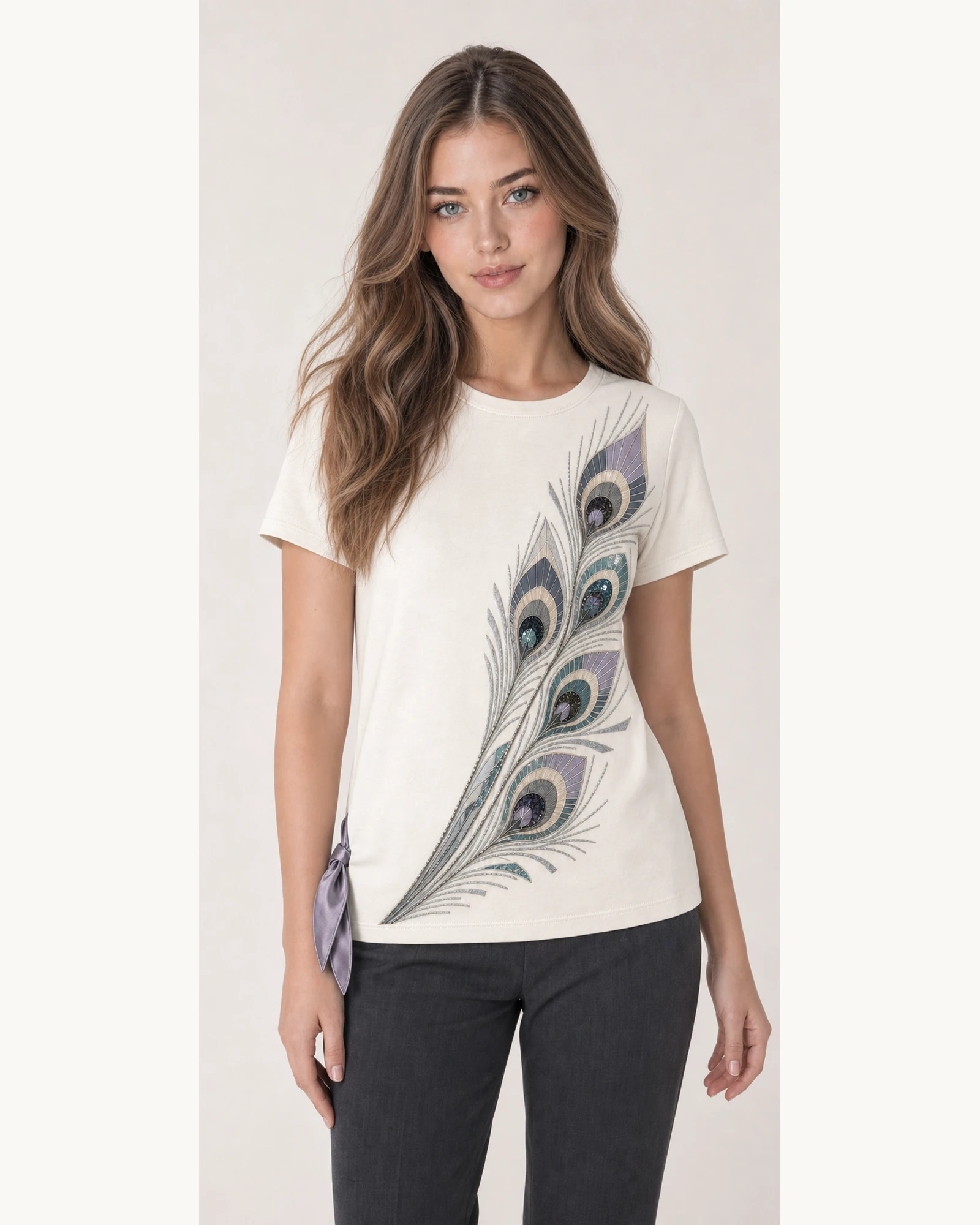 Model wearing VTTS-0009 ivory peacock feather t-shirt, close view