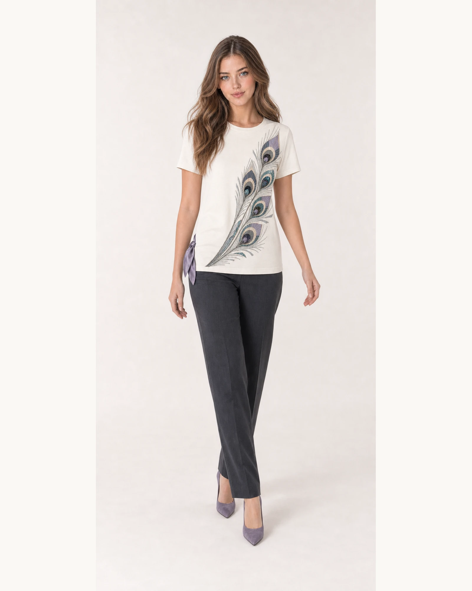 Full-body model wearing VTTS-0009 ivory peacock feather t-shirt