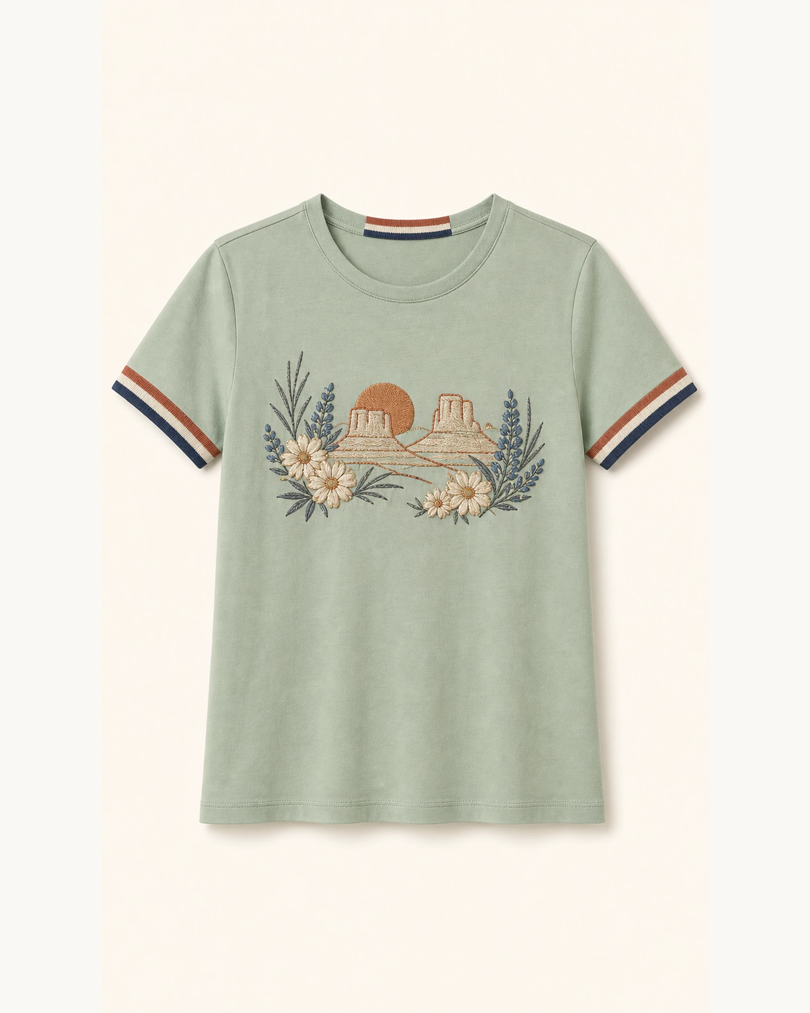 Custom Women’s Apparel Products Sage Women’s Floral Landscape Contrast-Cuff T-Shirt flat product view