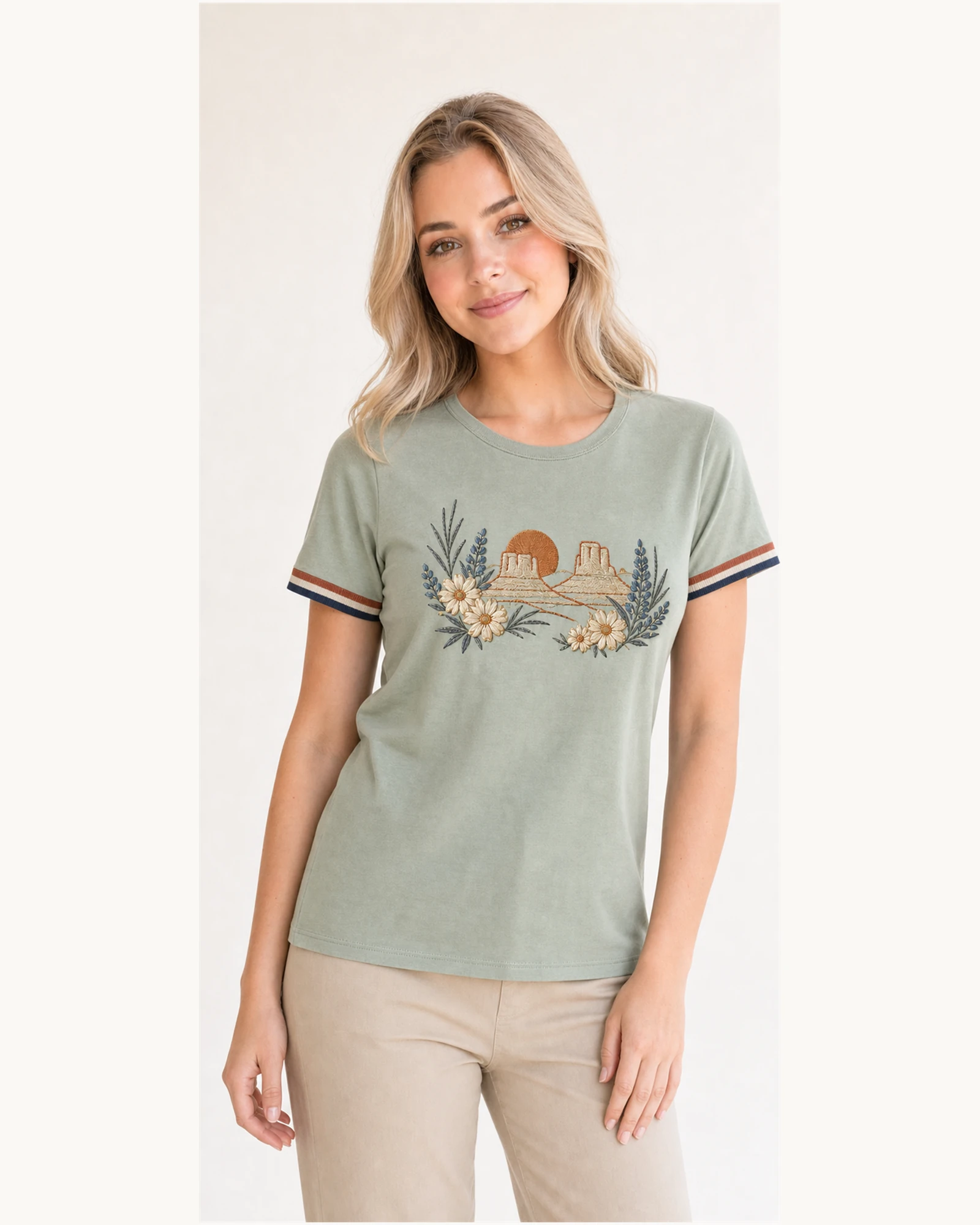 Model wearing VTTS-0010 sage floral contrast-cuff t-shirt, close view