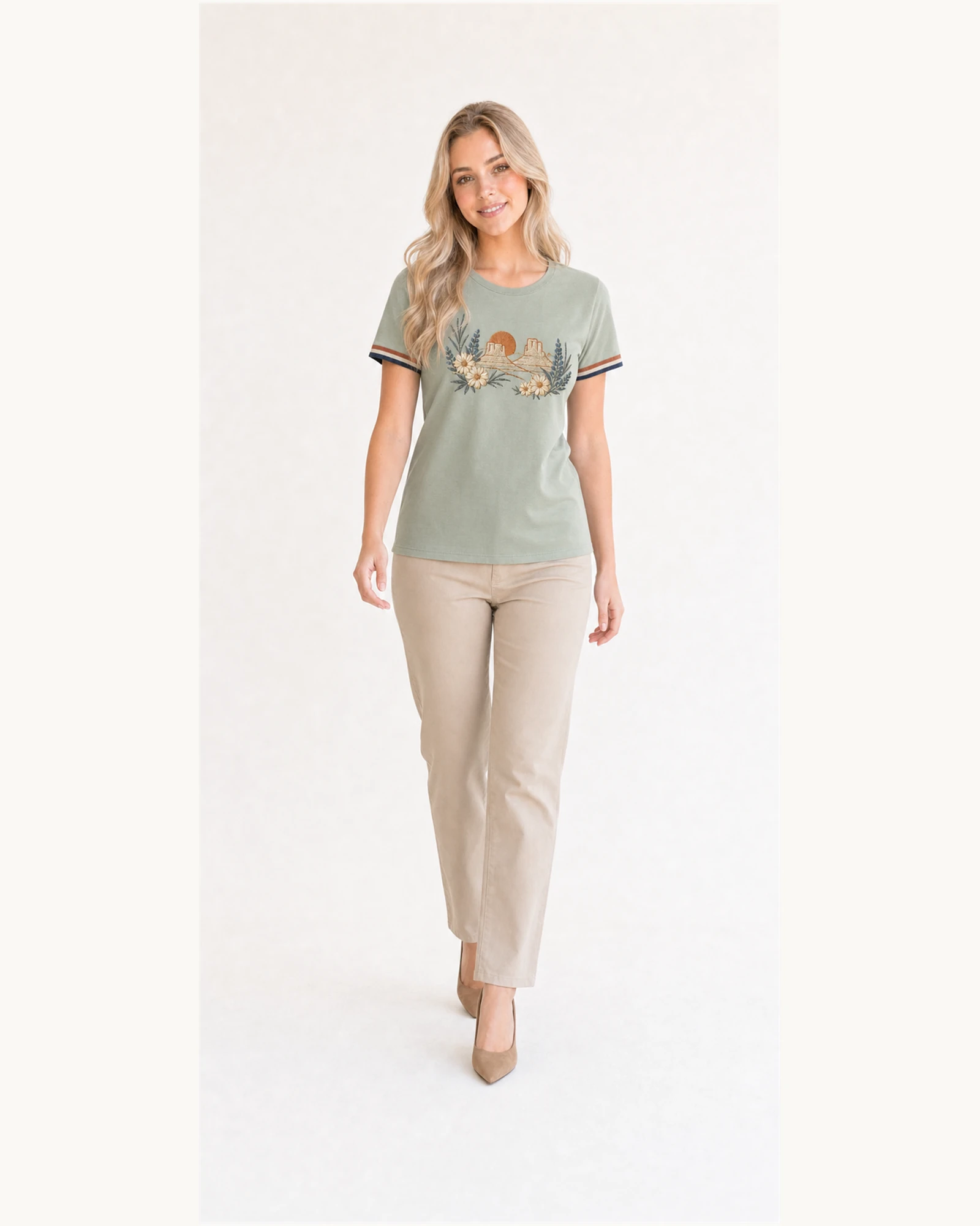Full-body model wearing VTTS-0010 sage floral contrast-cuff t-shirt