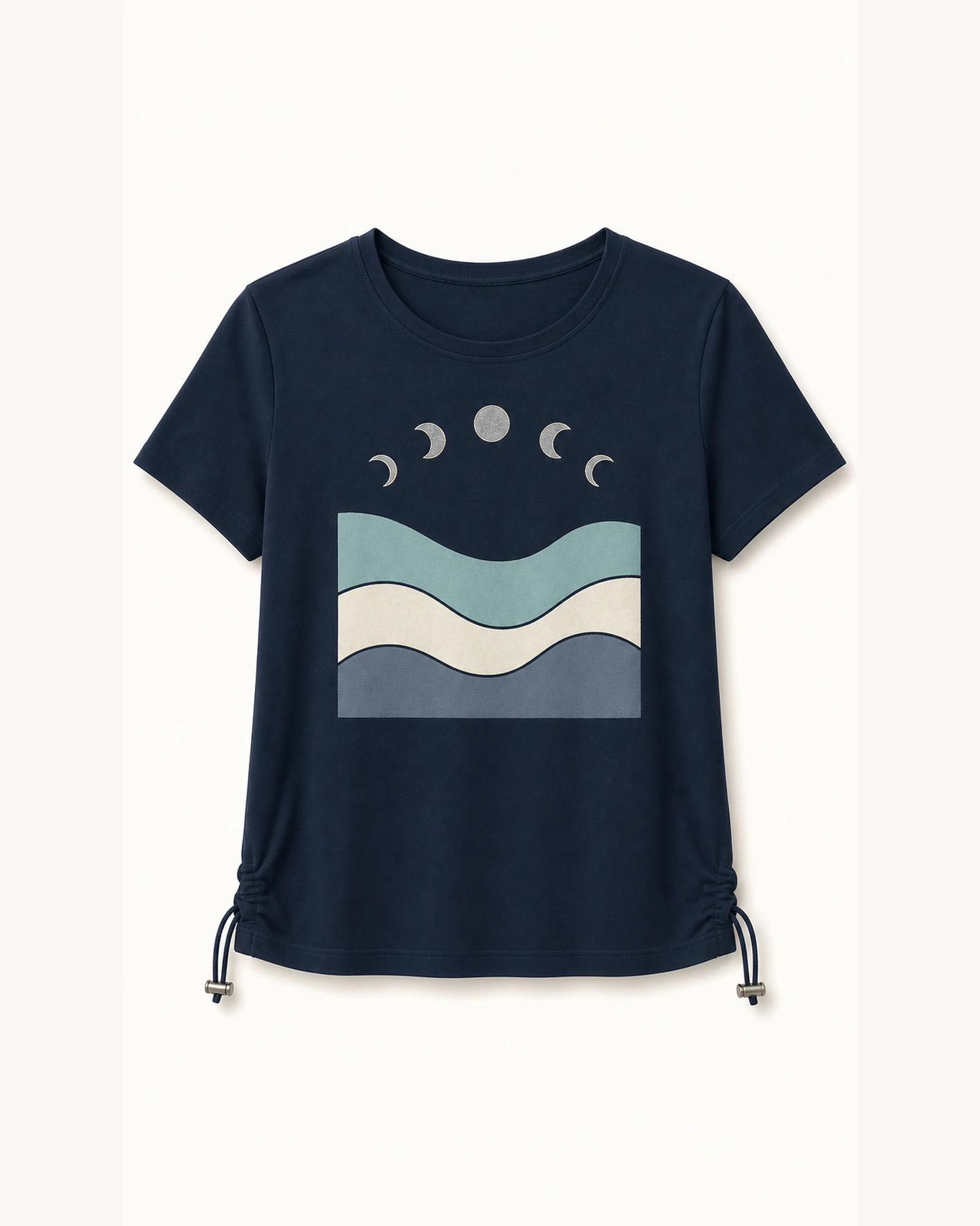 Custom Women’s Apparel Products Navy Women’s Moon Phase Wave Drawstring-Hem T-Shirt flat product view