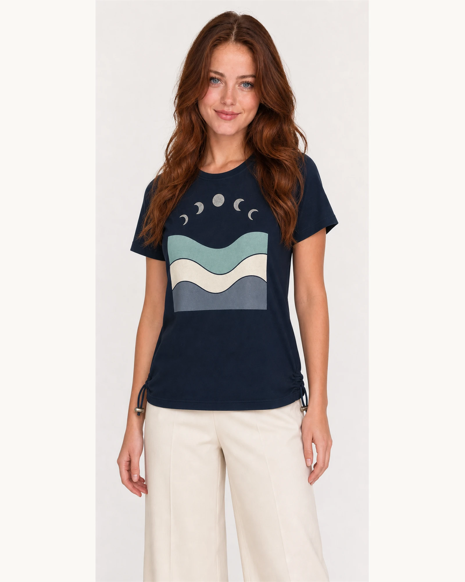 Custom Women’s Moon Phase Wave Drawstring-Hem T-Shirt — VTTS-0011 Model wearing VTTS-0011 navy moon phase drawstring t-shirt, close view