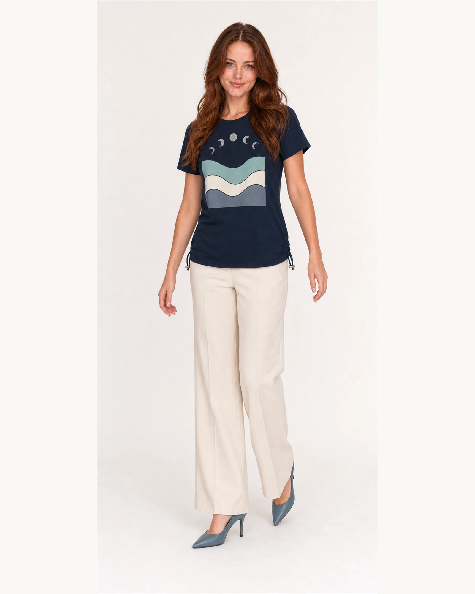 Custom Women’s Moon Phase Wave Drawstring-Hem T-Shirt — VTTS-0011 Full-body model wearing VTTS-0011 navy moon phase drawstring t-shirt