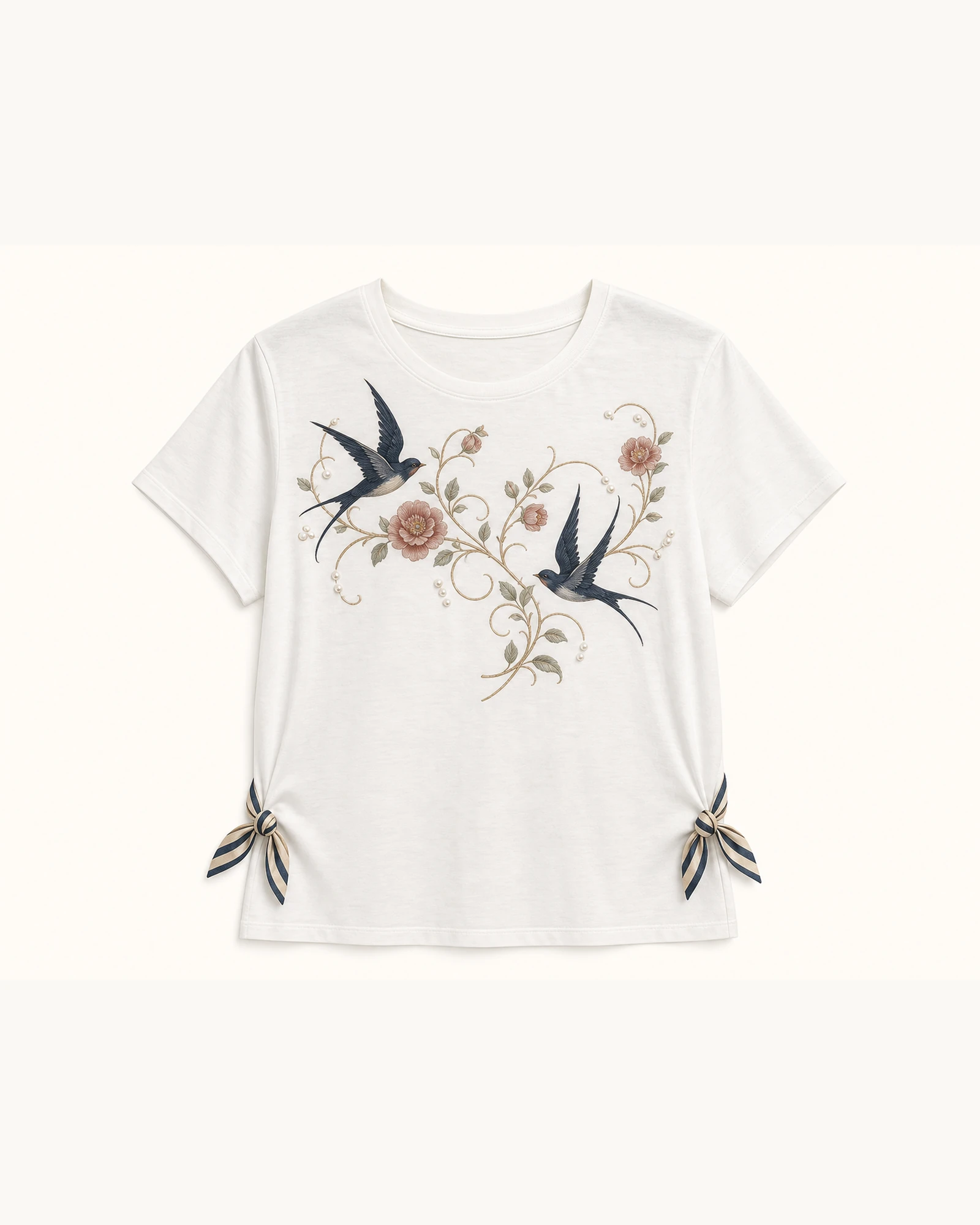 Custom Women’s Apparel Products Ivory Women’s Swallow Floral Side-Tie T-Shirt flat product view