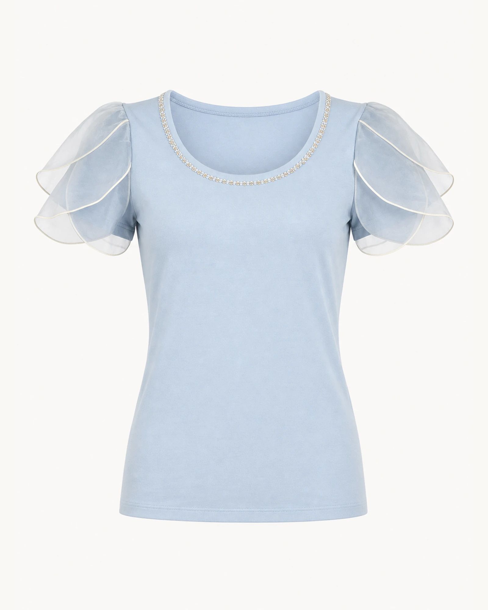Custom Women’s Apparel Products Powder blue Women’s Sheer Petal-Sleeve T-Shirt flat product view