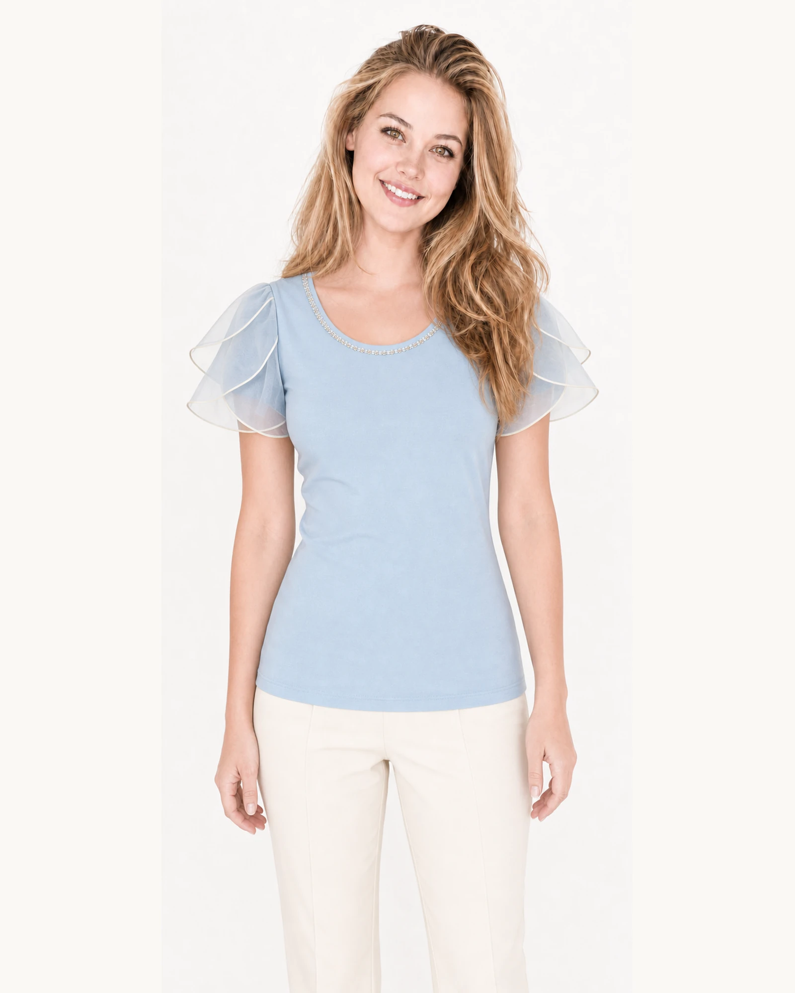 Custom Women’s Sheer Petal-Sleeve T-Shirt — VTTS-0013 Model wearing VTTS-0013 powder blue sheer petal-sleeve t-shirt, close view