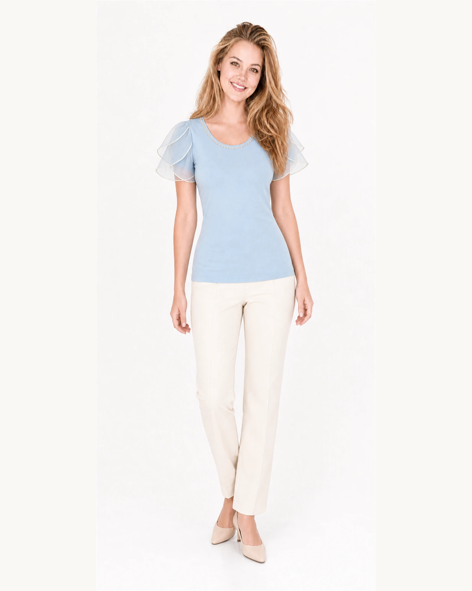Custom Women’s Sheer Petal-Sleeve T-Shirt — VTTS-0013 Full-body model wearing VTTS-0013 powder blue sheer petal-sleeve t-shirt