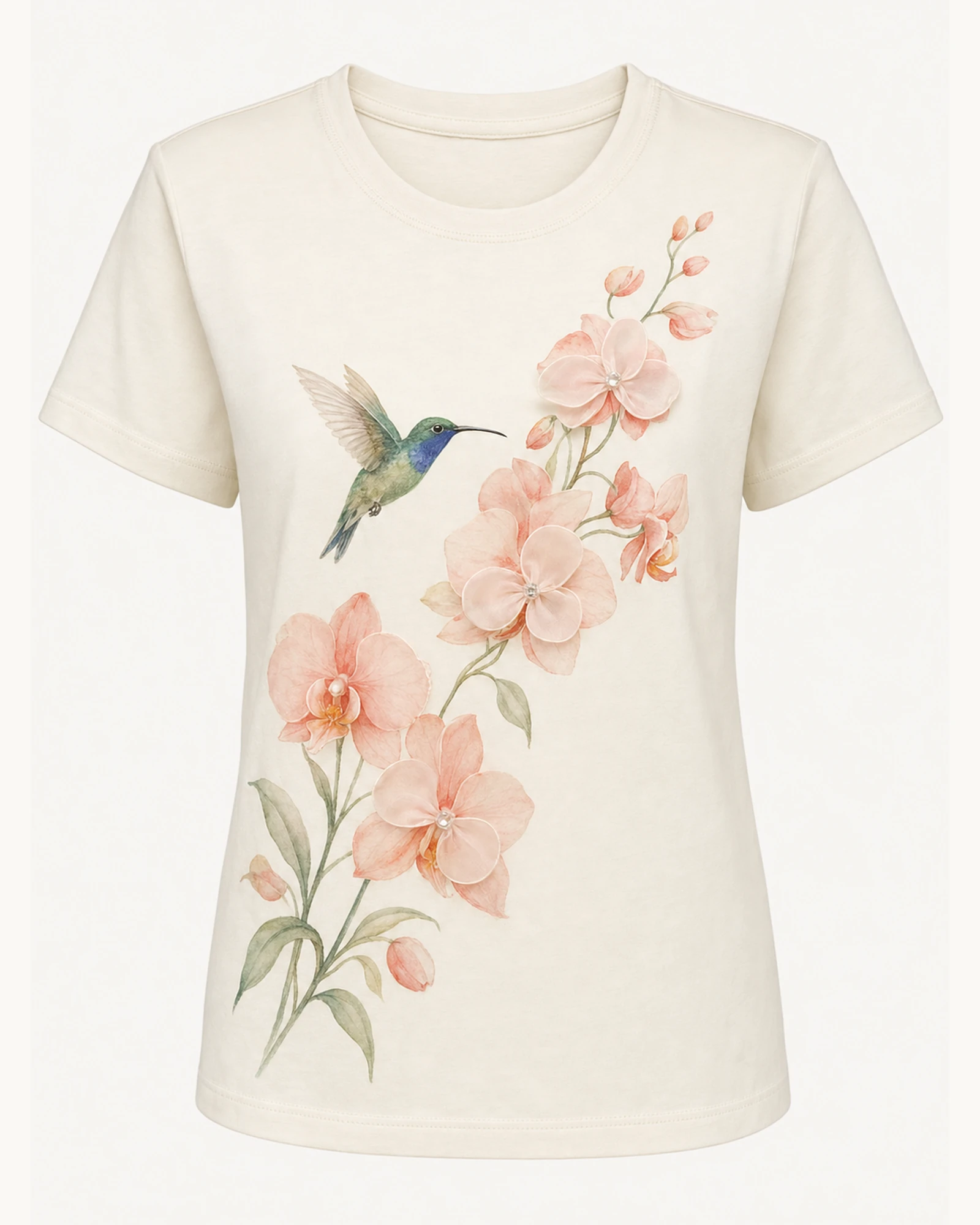 Custom Women’s Apparel Products Ivory Women’s Hummingbird Floral Print T-Shirt flat product view