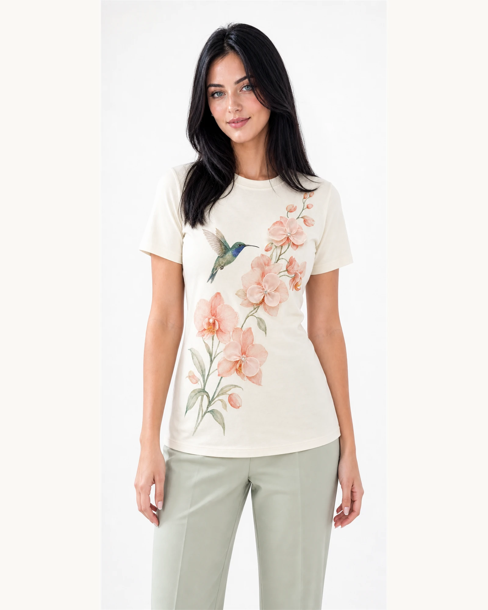 Custom Women’s Hummingbird Floral Print T-Shirt — VTTS-0014 Model wearing VTTS-0014 ivory hummingbird floral t-shirt, close view