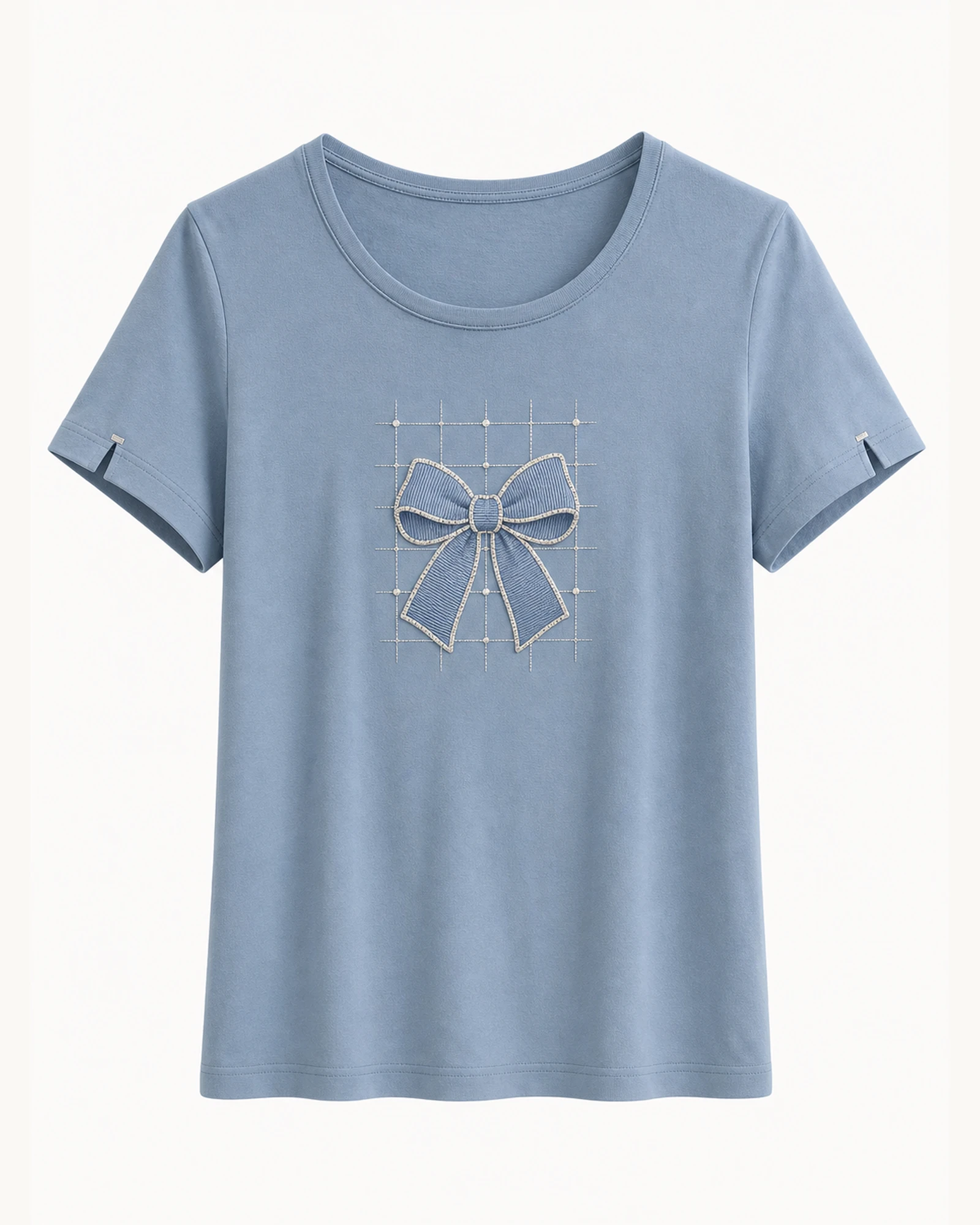 Custom Women’s Apparel Products Mist blue Women’s Rhinestone Bow Graphic T-Shirt flat product view