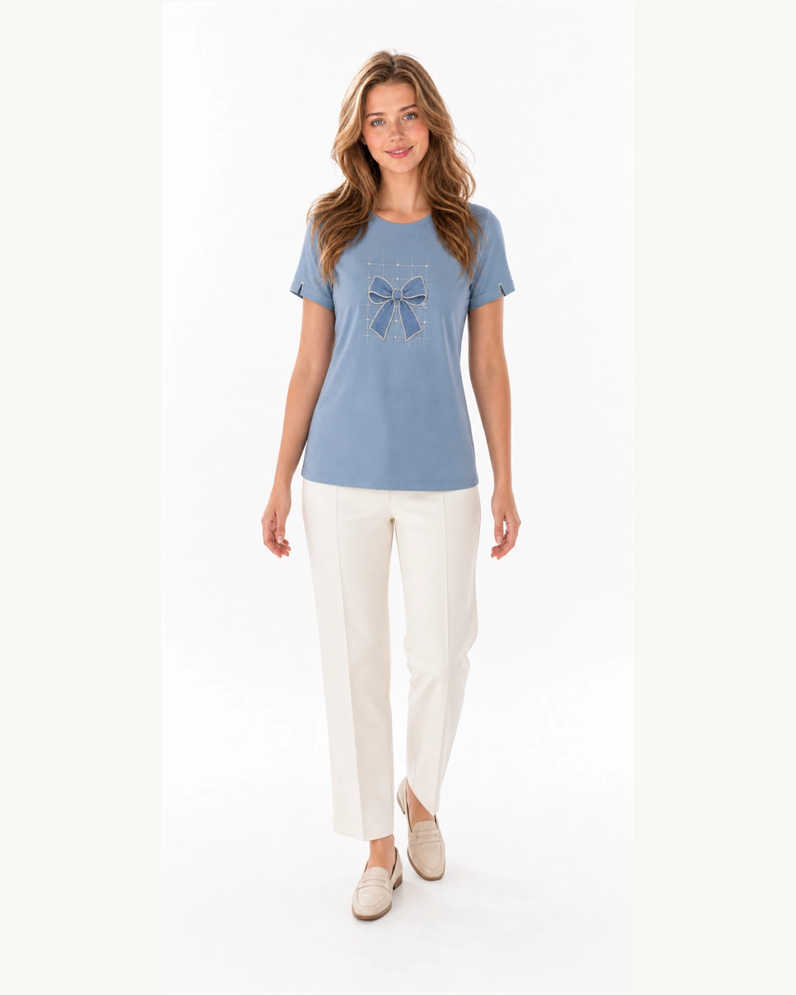 Full-body model wearing VTTS-0015 mist blue rhinestone bow t-shirt