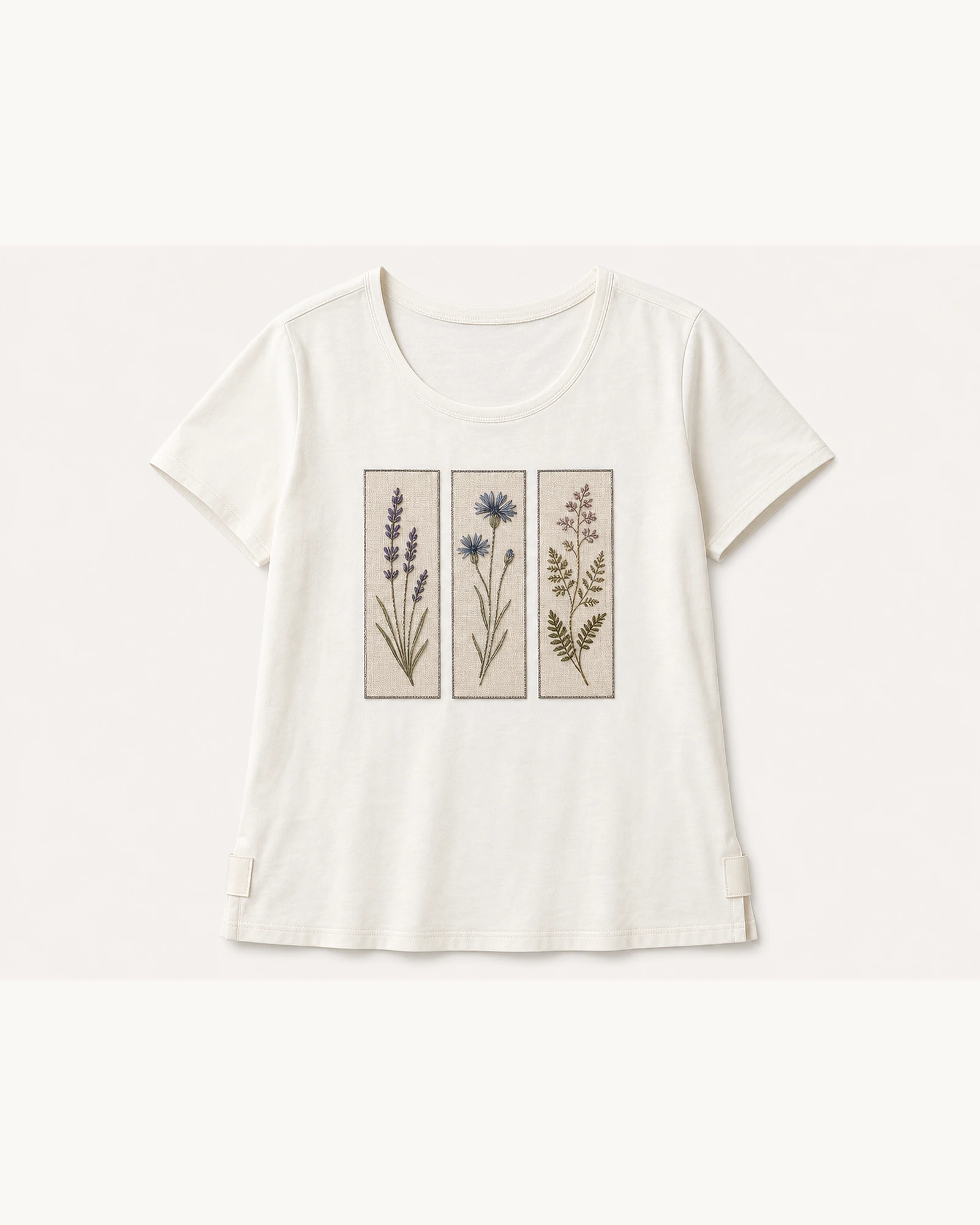 Custom Women’s Apparel Products Ivory Women’s Botanical Panel Print T-Shirt flat product view
