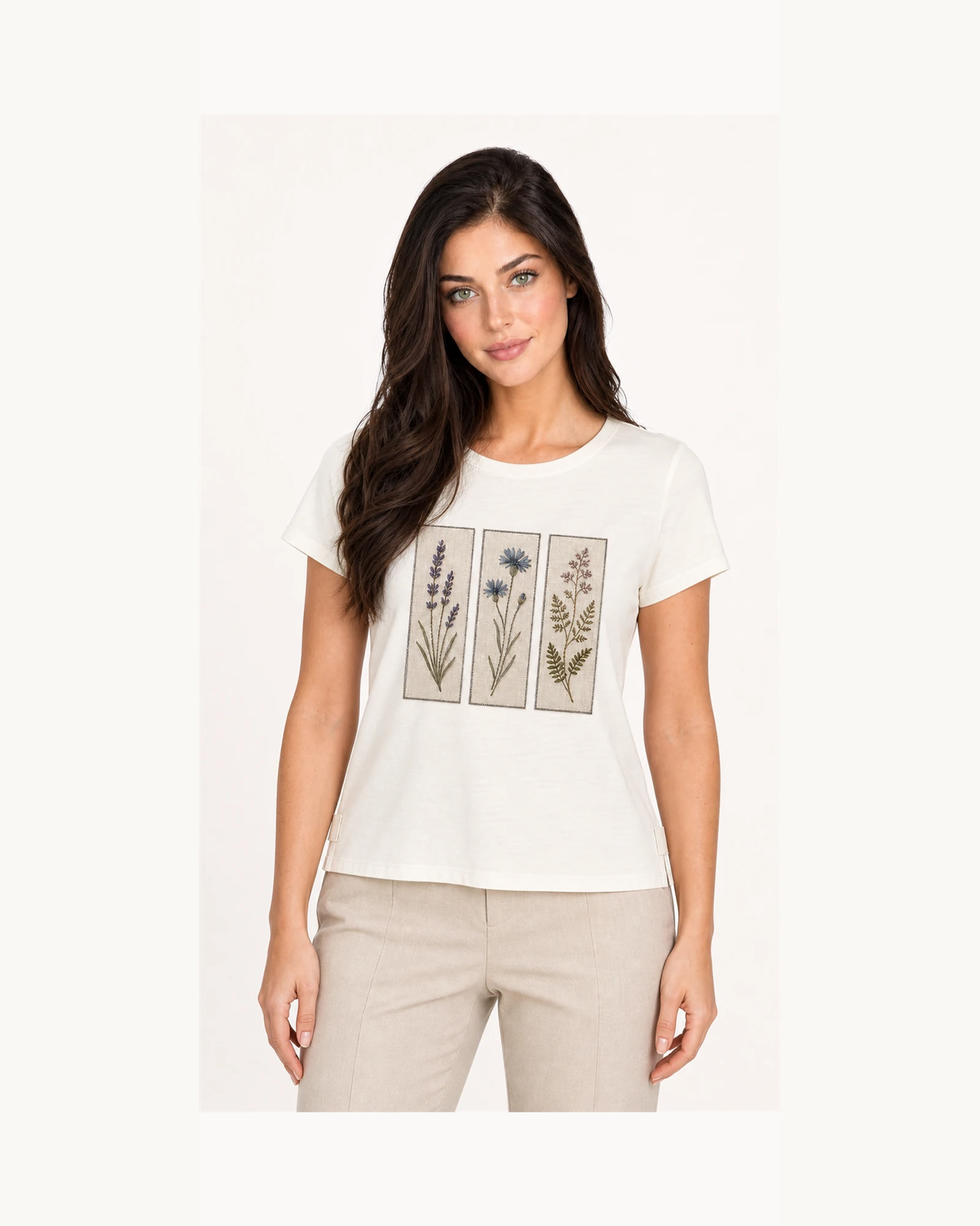 Custom Women’s Botanical Panel Print T-Shirt — VTTS-0016 Model wearing VTTS-0016 ivory botanical panel t-shirt, close view