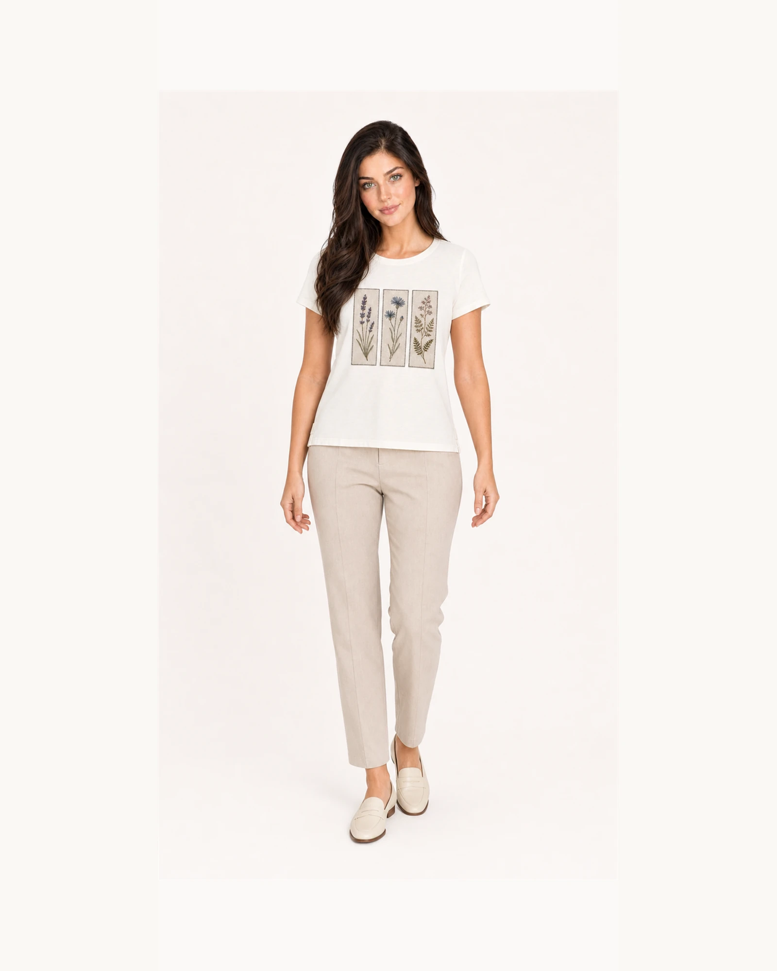 Custom Women’s Botanical Panel Print T-Shirt — VTTS-0016 Full-body model wearing VTTS-0016 ivory botanical panel t-shirt