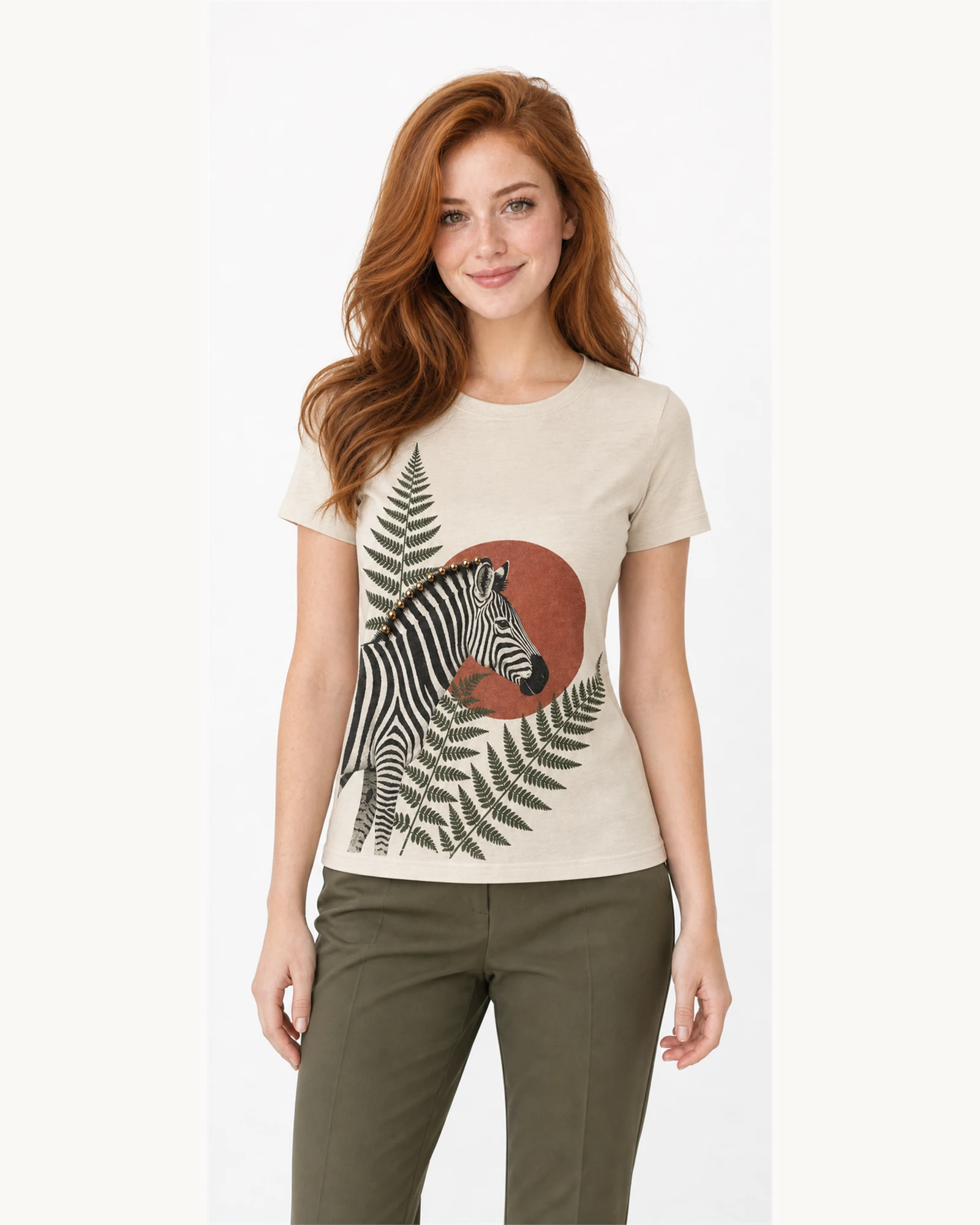 Model wearing VTTS-0017 sand zebra botanical t-shirt, close view