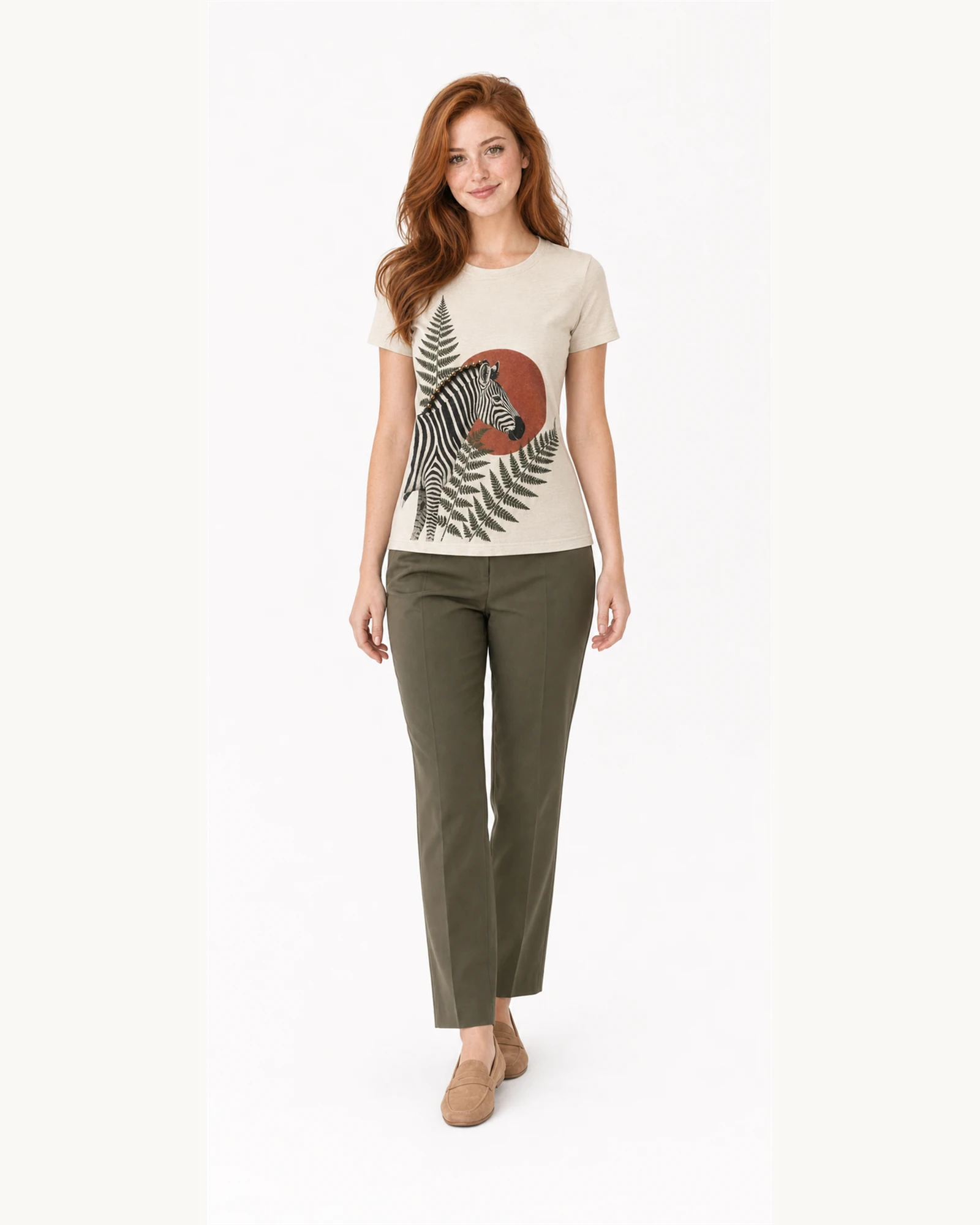 Full-body model wearing VTTS-0017 sand zebra botanical t-shirt