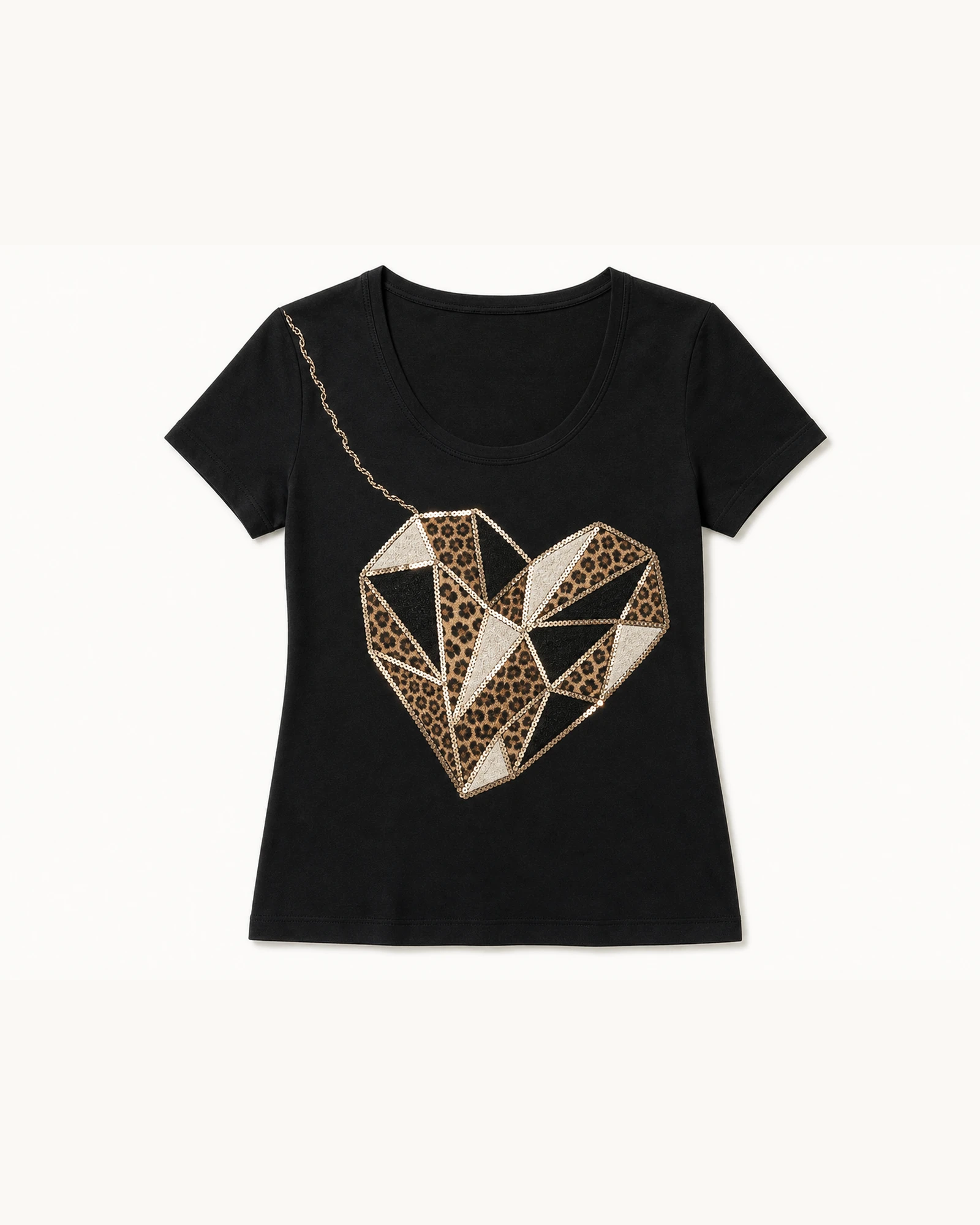 Custom Women’s Rhinestone Geometric Heart T-Shirt — VTTS-0018 Black Women’s Rhinestone Geometric Heart T-Shirt flat product view