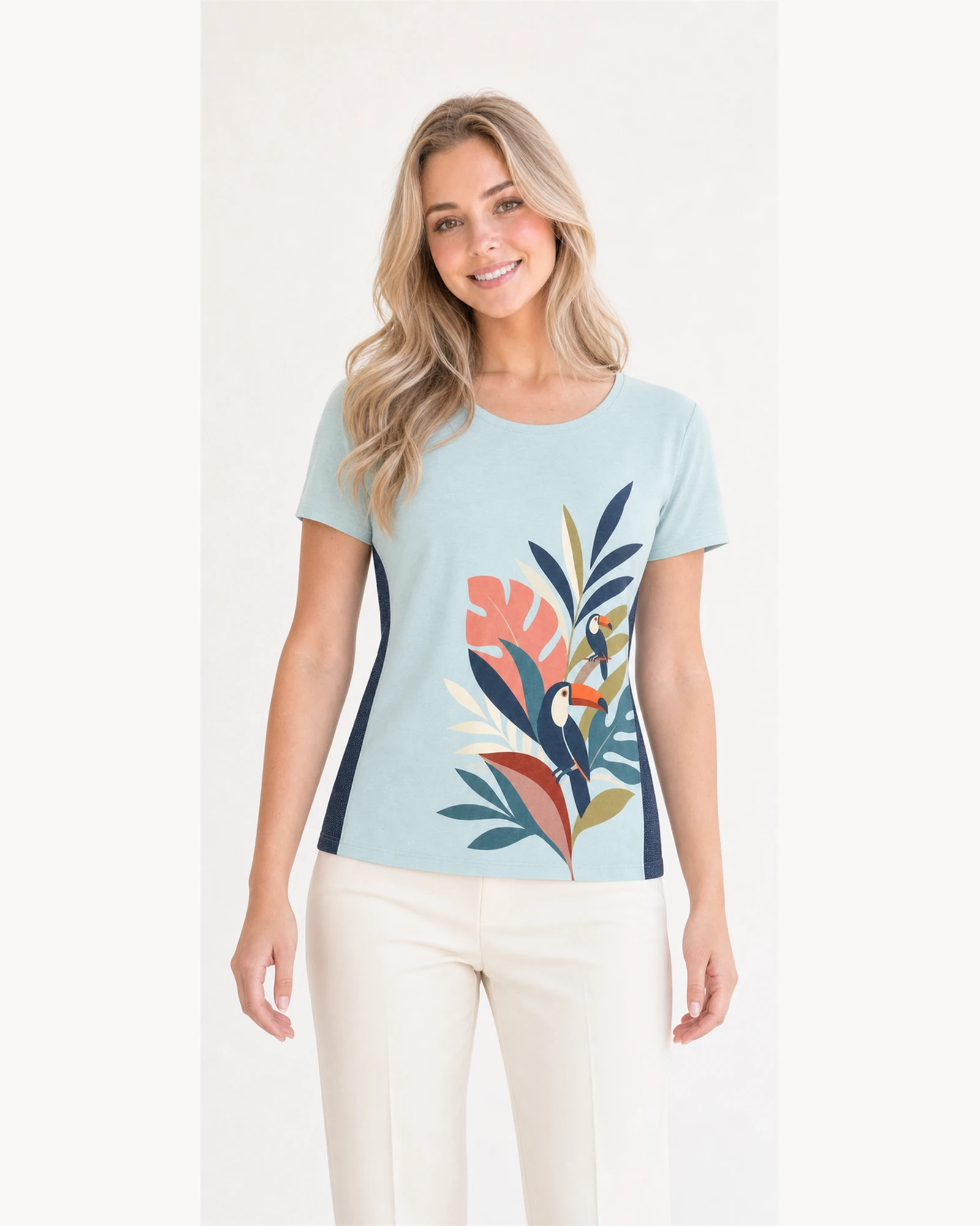 Model wearing VTTS-0019 aqua tropical bird t-shirt, close view