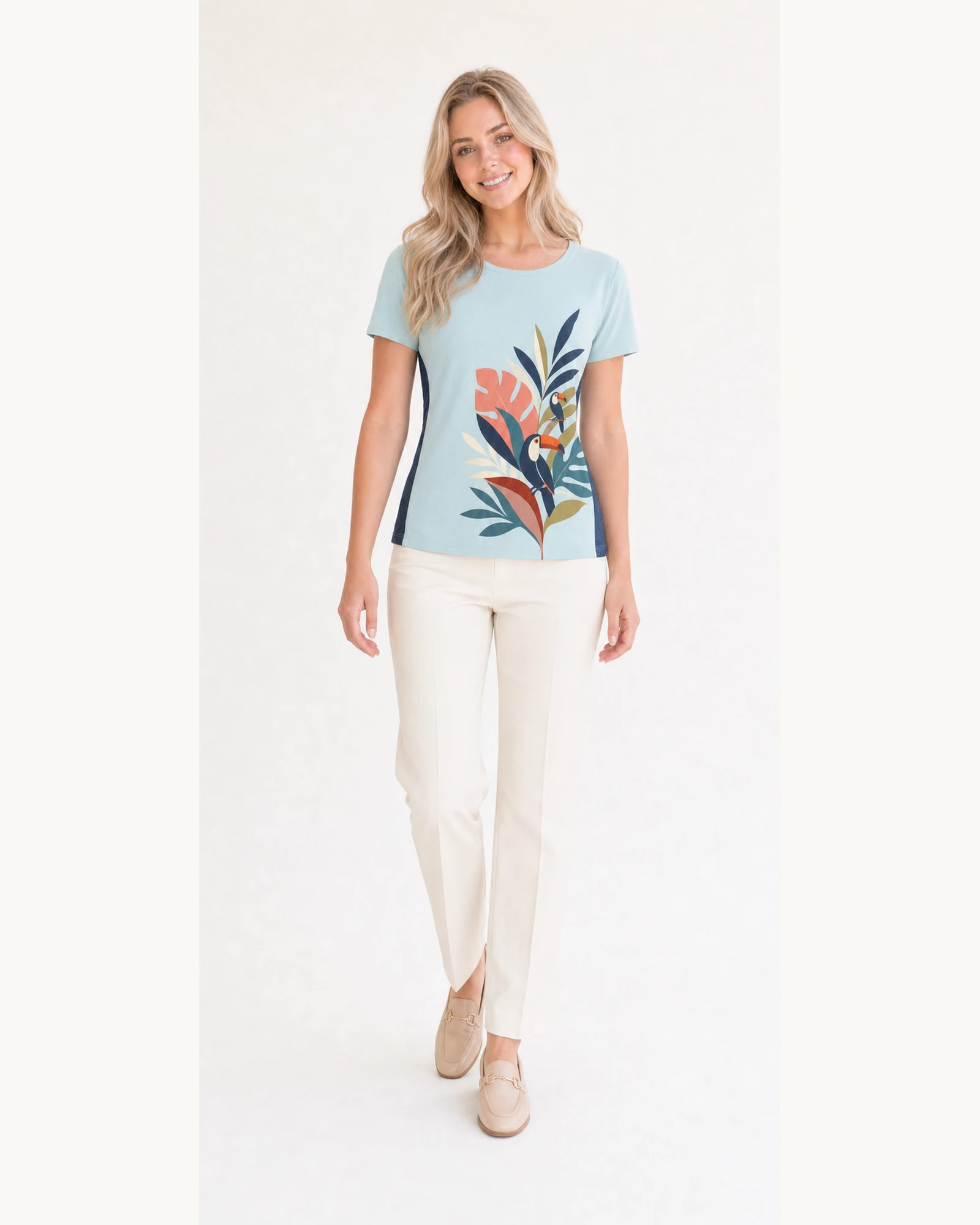 Full-body model wearing VTTS-0019 aqua tropical bird t-shirt