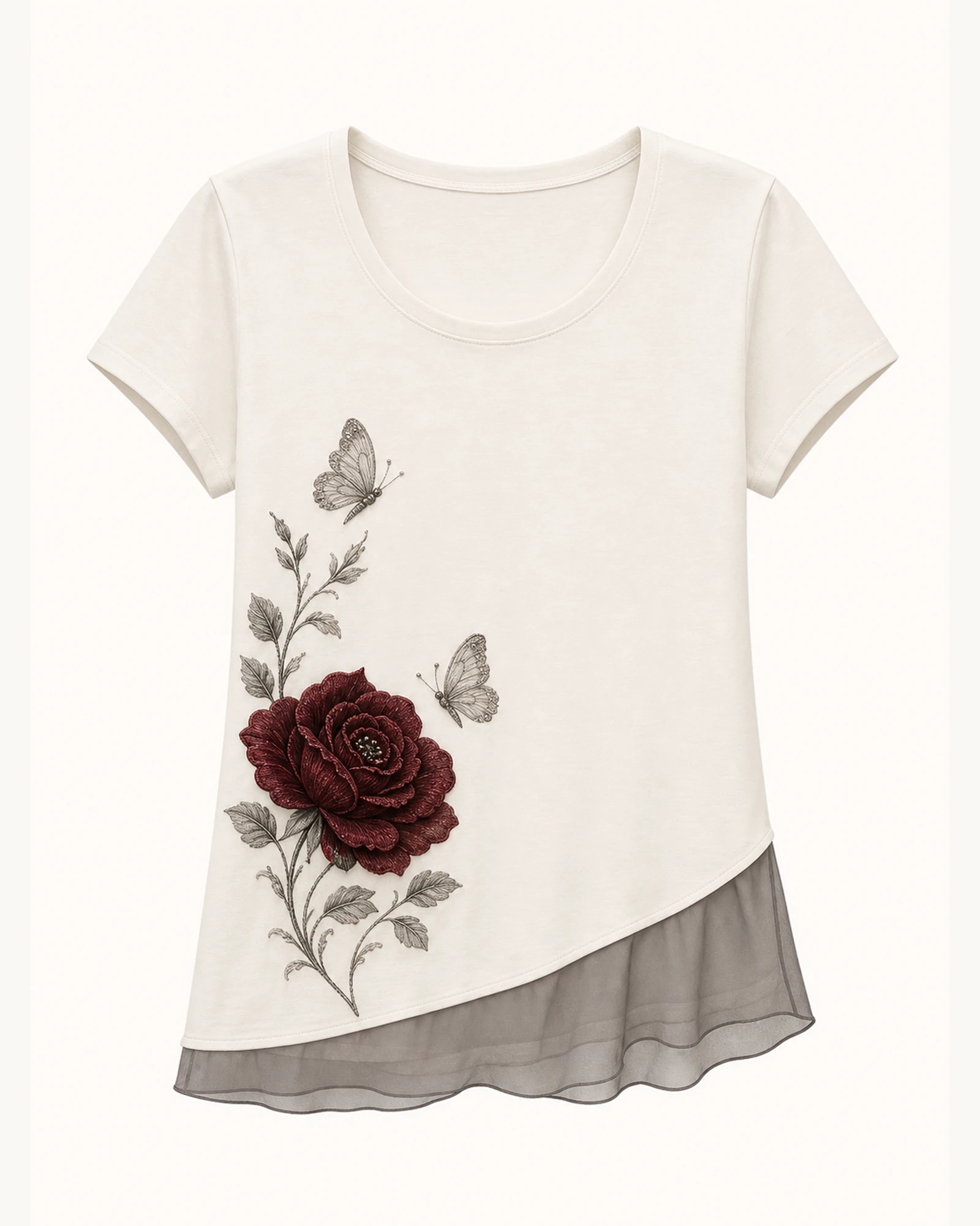 Custom Women’s Apparel Products Ivory Women’s Rose Butterfly Layered-Hem T-Shirt flat product view