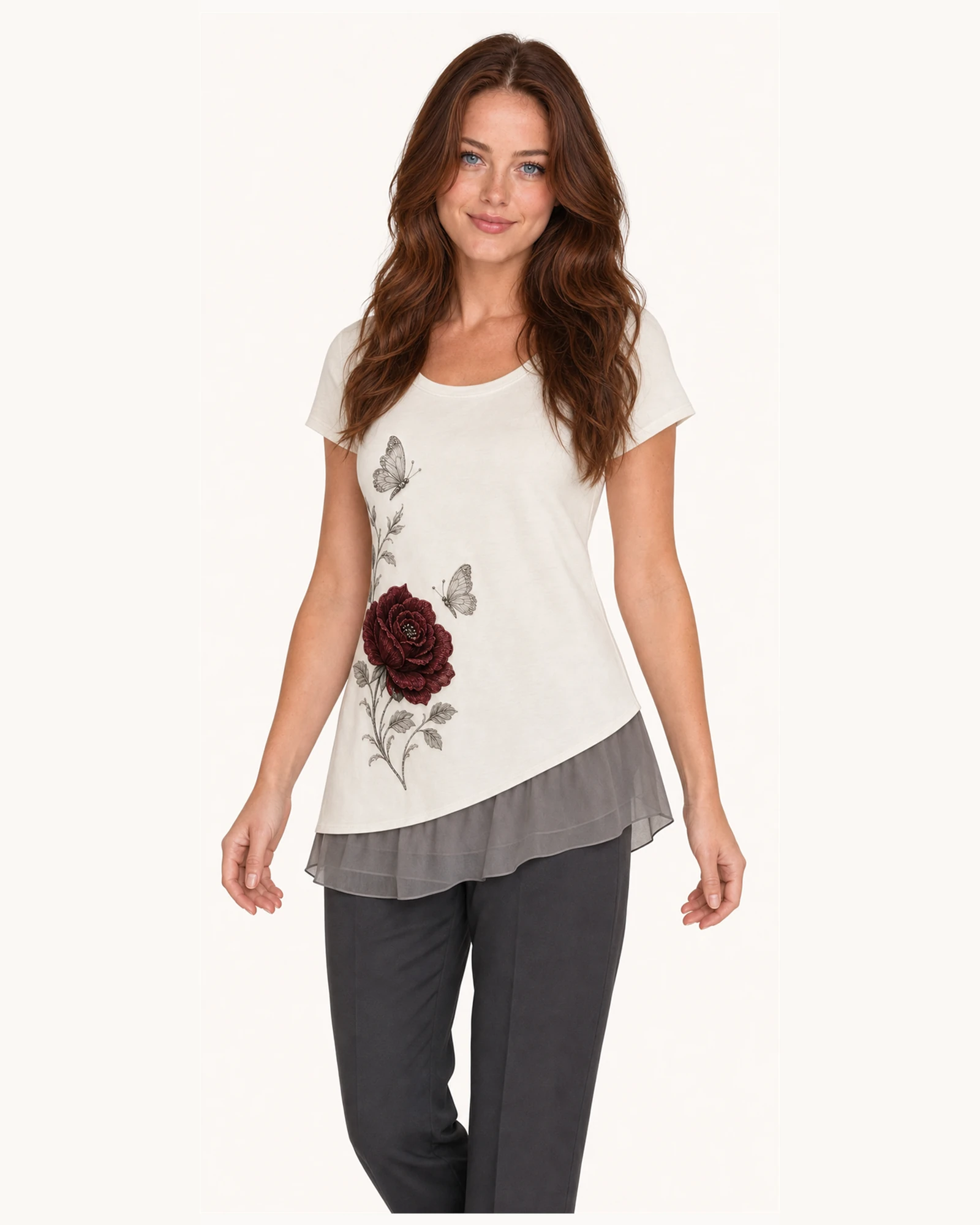 Custom Women’s Rose Butterfly Layered-Hem T-Shirt — VTTS-0020 Model wearing VTTS-0020 ivory rose butterfly layered t-shirt, close view