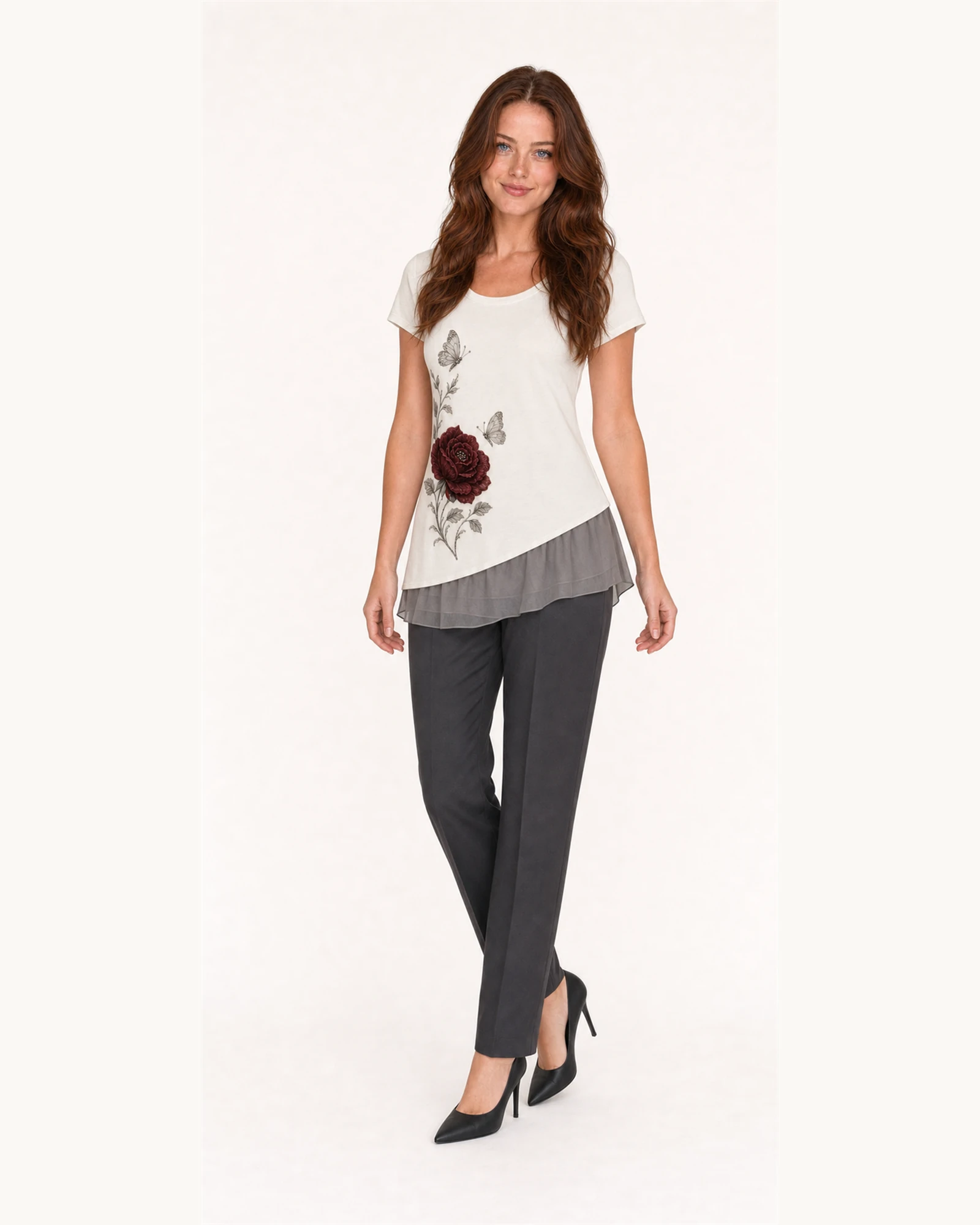 Custom Women’s Rose Butterfly Layered-Hem T-Shirt — VTTS-0020 Full-body model wearing VTTS-0020 ivory rose butterfly layered t-shirt