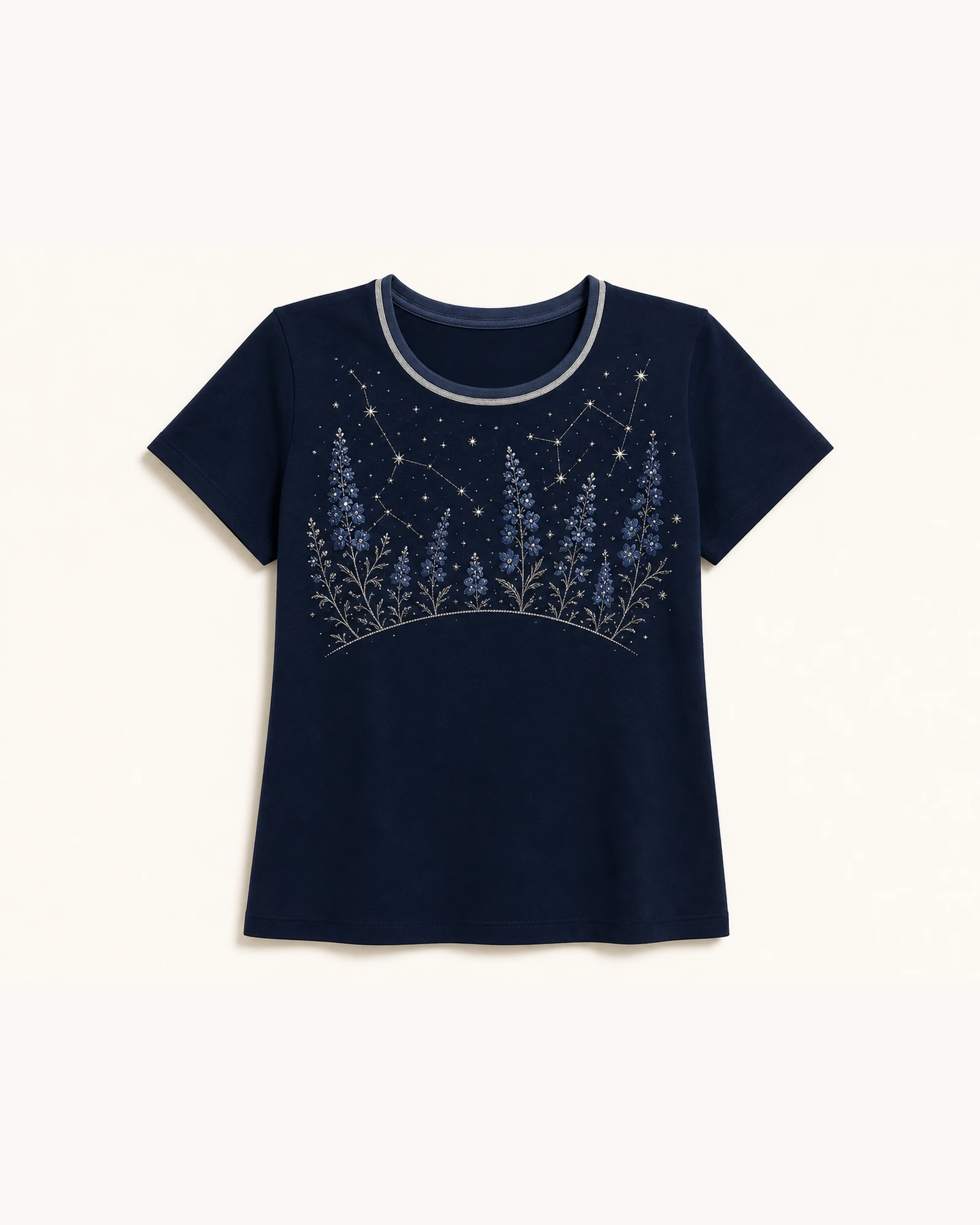 Custom Women’s Apparel Products Navy Women’s Rhinestone Night Garden T-Shirt flat product view